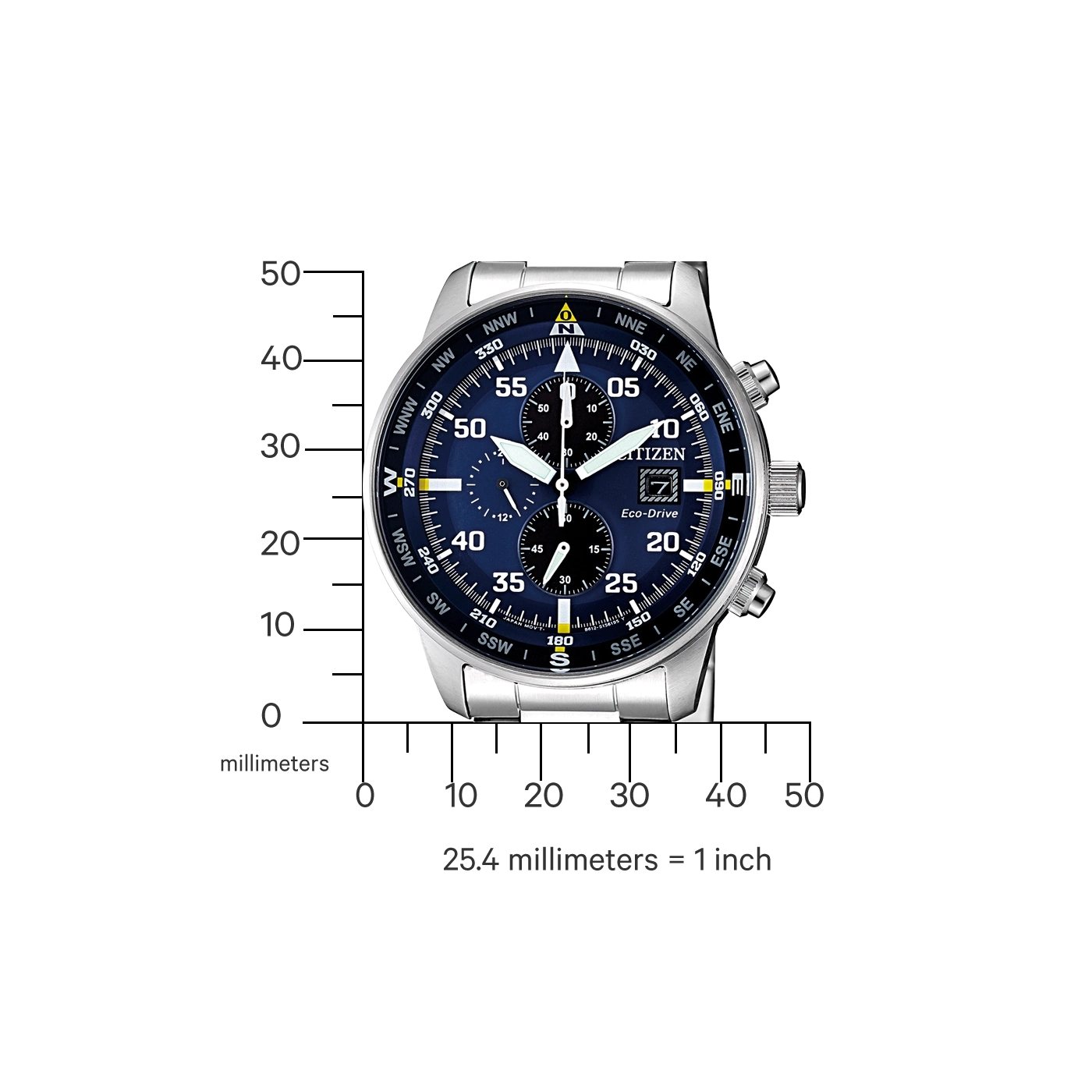 Citizen watch with a blue face, showing time and compass markings, with a silver band.
