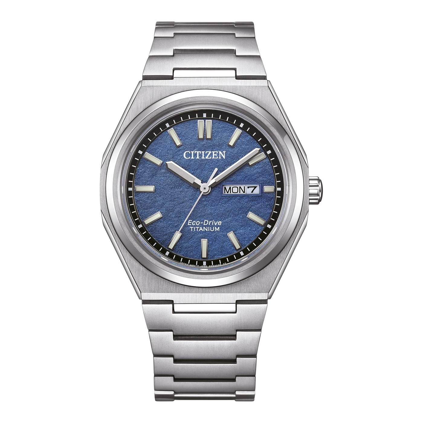 Citizen watch with blue face and titanium strap, Eco-Drive technology.