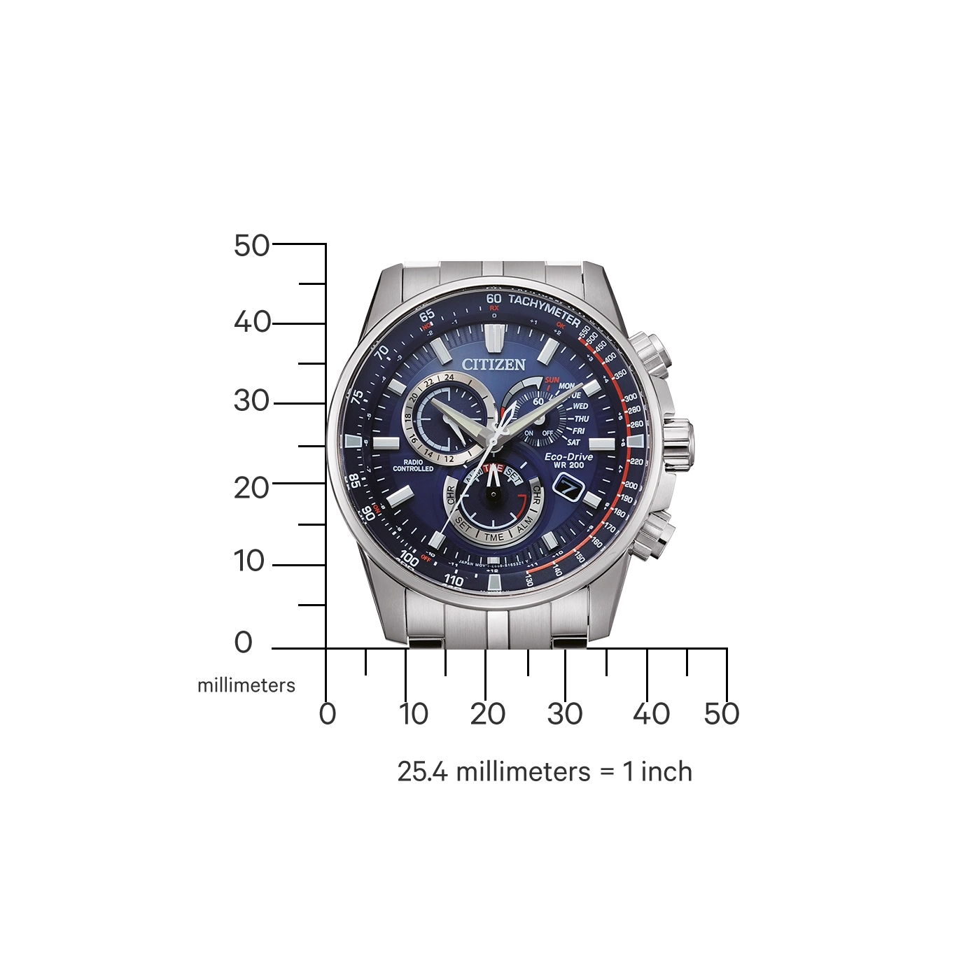 Citizen watch with blue face, tachymeter, and radio controlled features.
