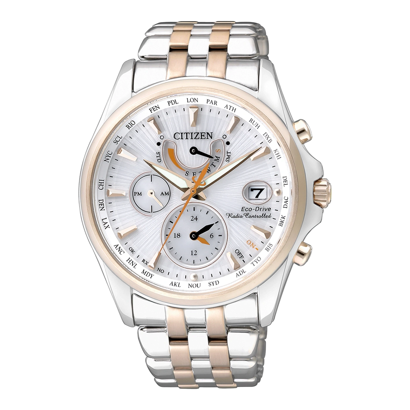 Citizen watch with silver and gold accents, world time, and date display.