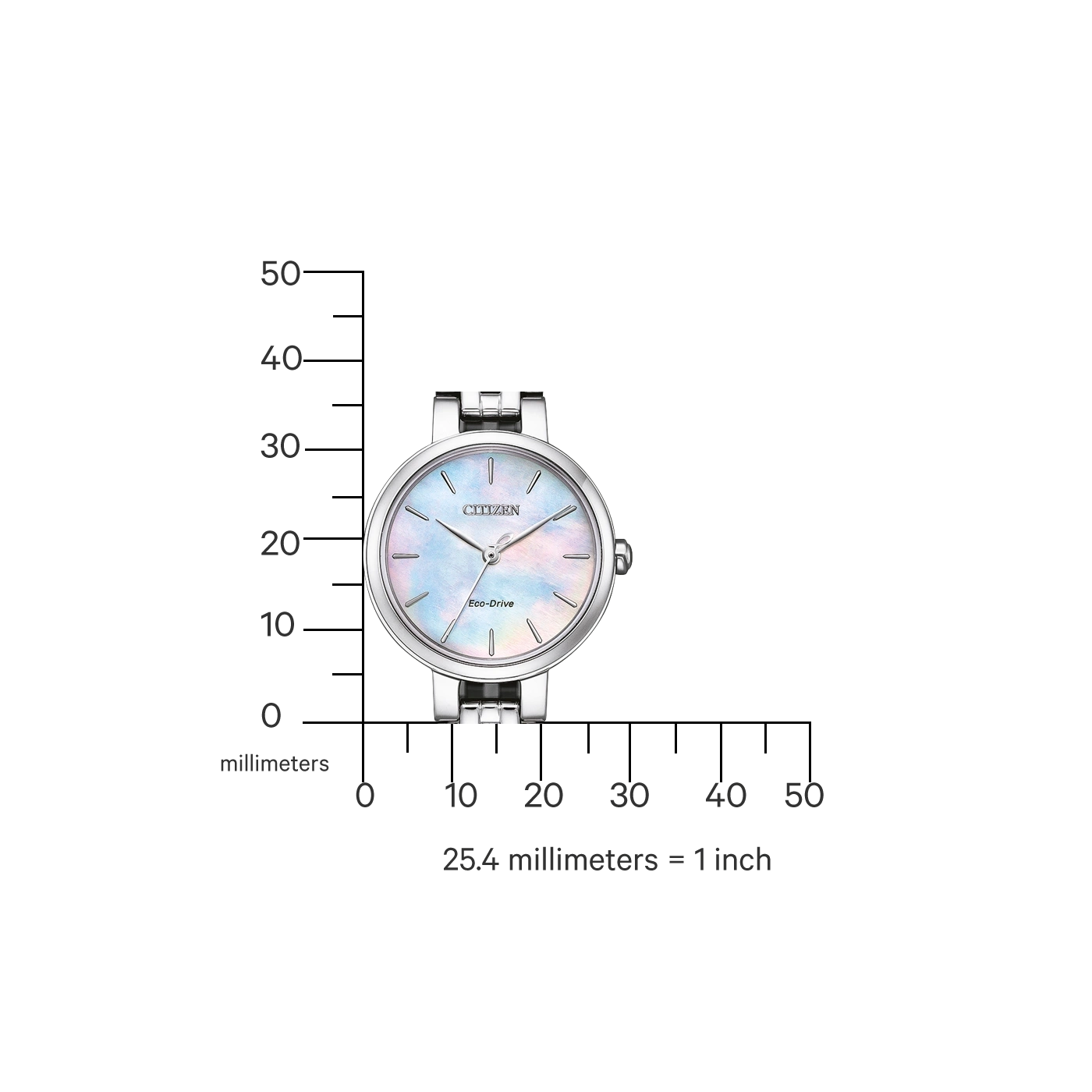 Citizen watch with a pearl face, silver band, and measurement scale.
