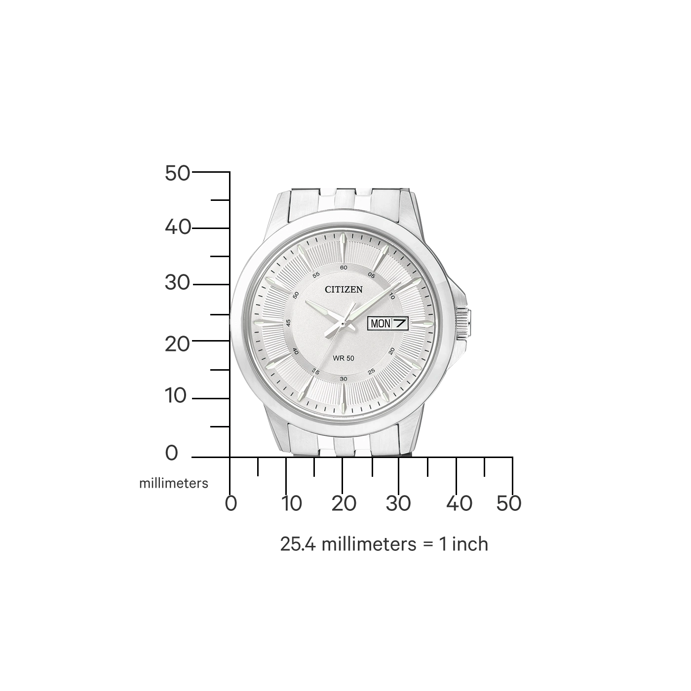 Silver Citizen watch with date display and millimeter scale for size comparison.