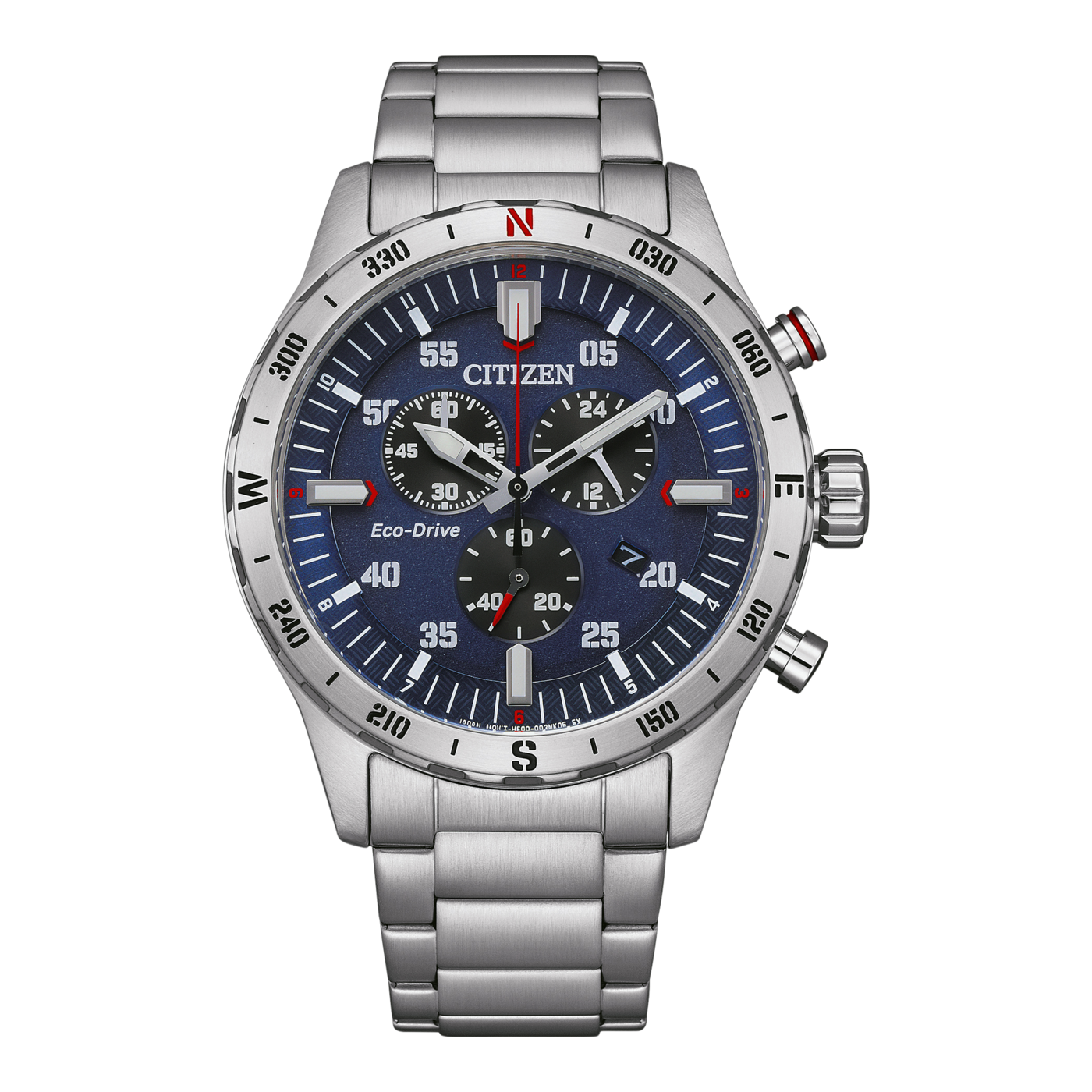 Citizen watch with blue dial, silver band, and chronograph features.