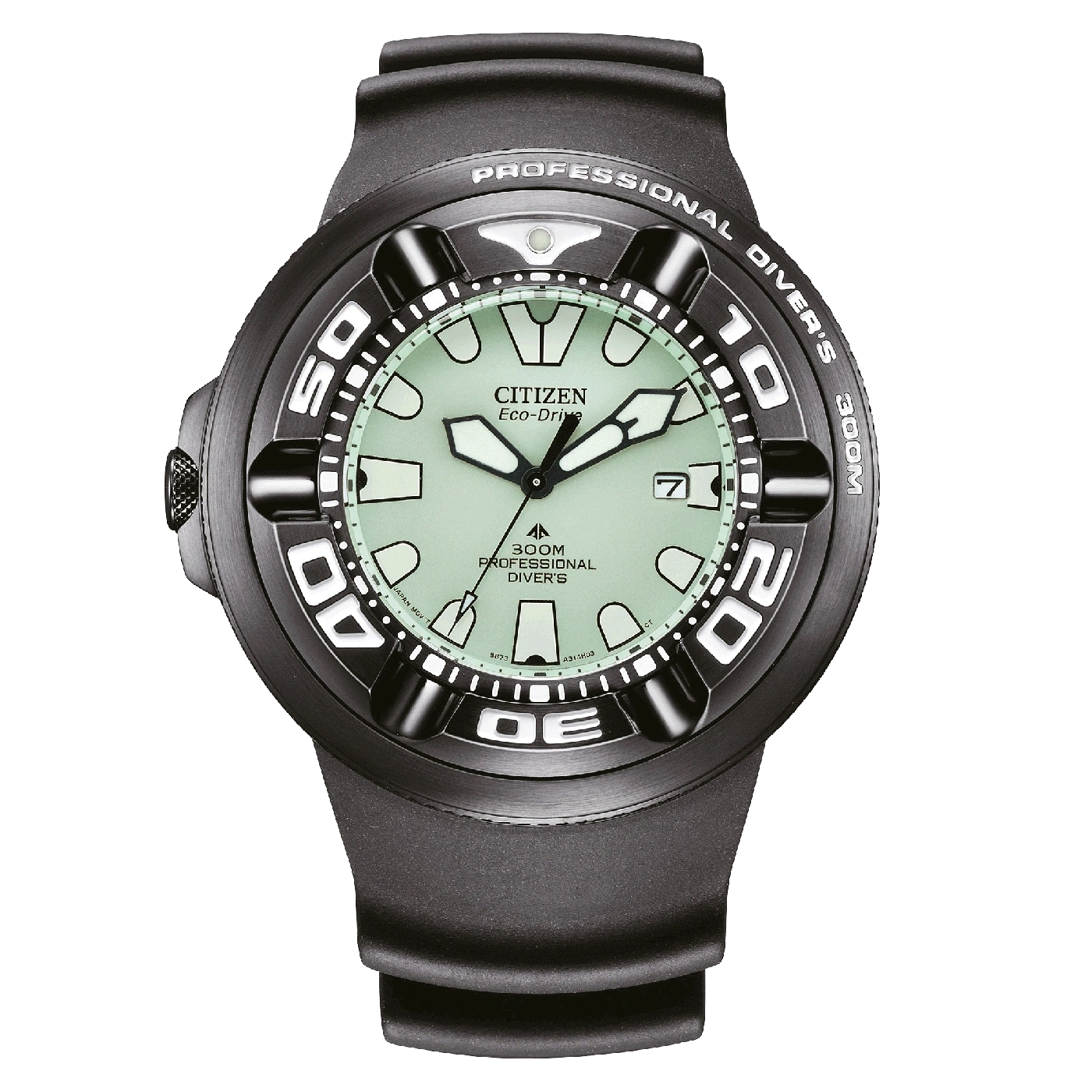 Black Citizen Eco-Drive watch with a green face, professional diver's watch.