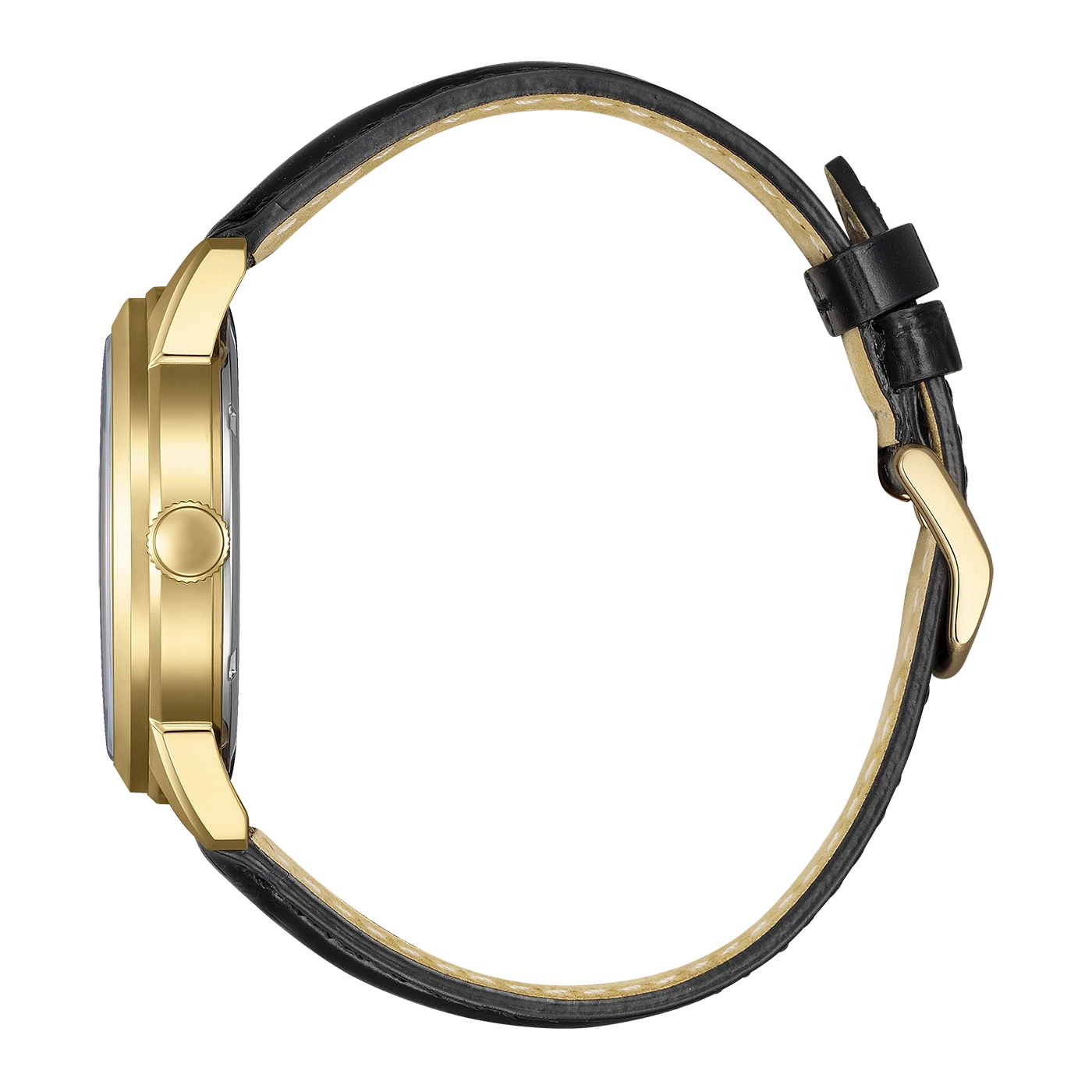Side view of a gold watch with a black leather strap.