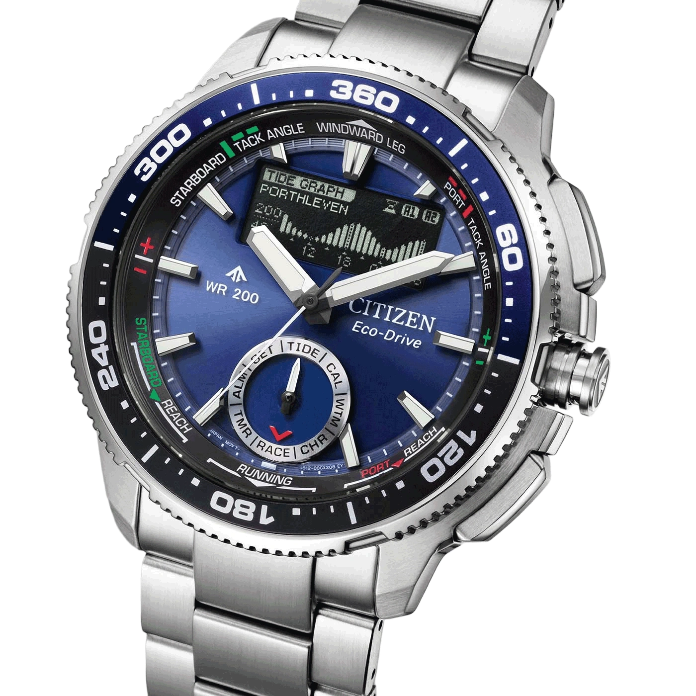 A blue Citizen Eco-Drive watch with a metal band and tide graph.