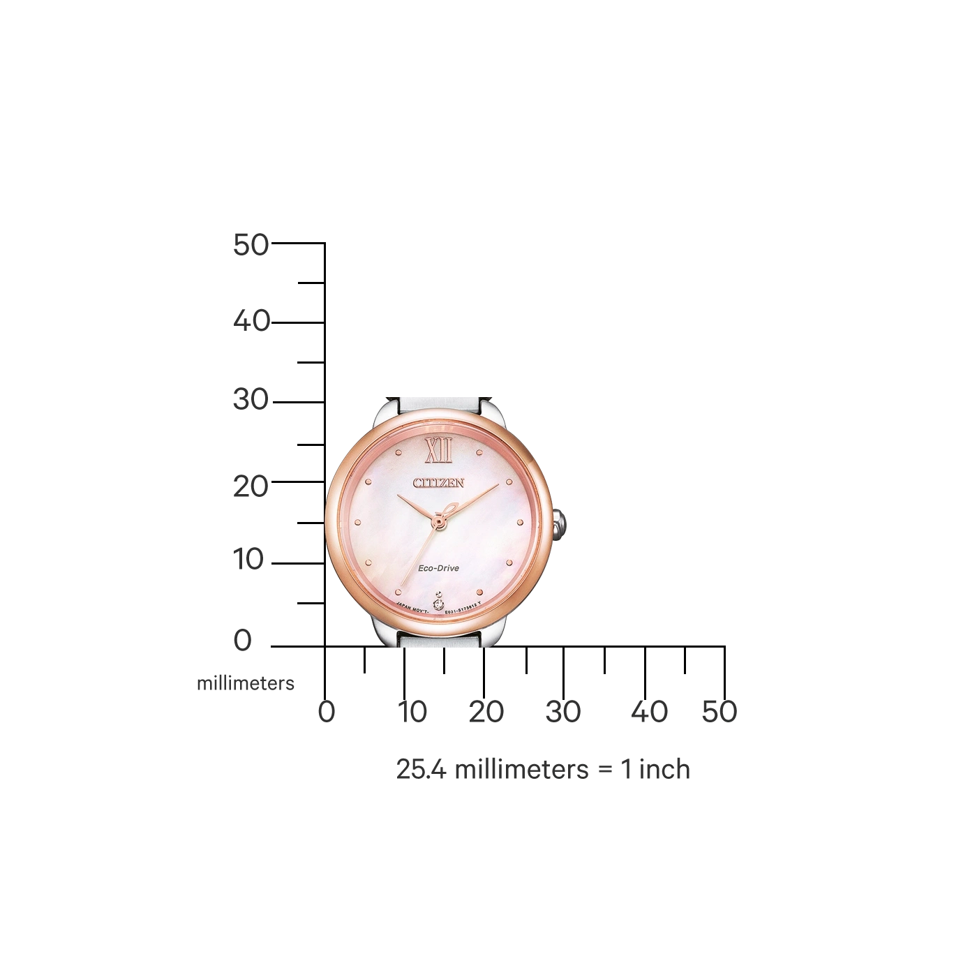Citizen watch with rose gold bezel and white strap, measuring scale.