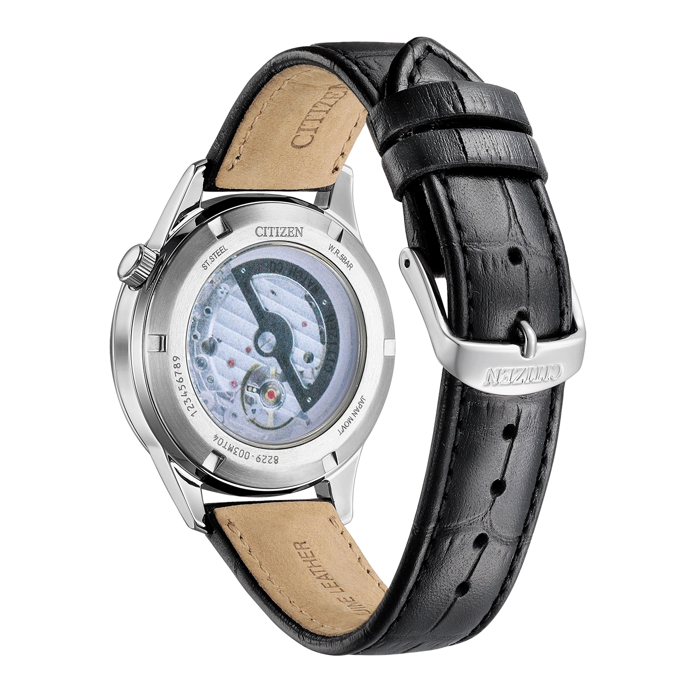 Citizen watch with a black leather strap, showing the back of the watch.