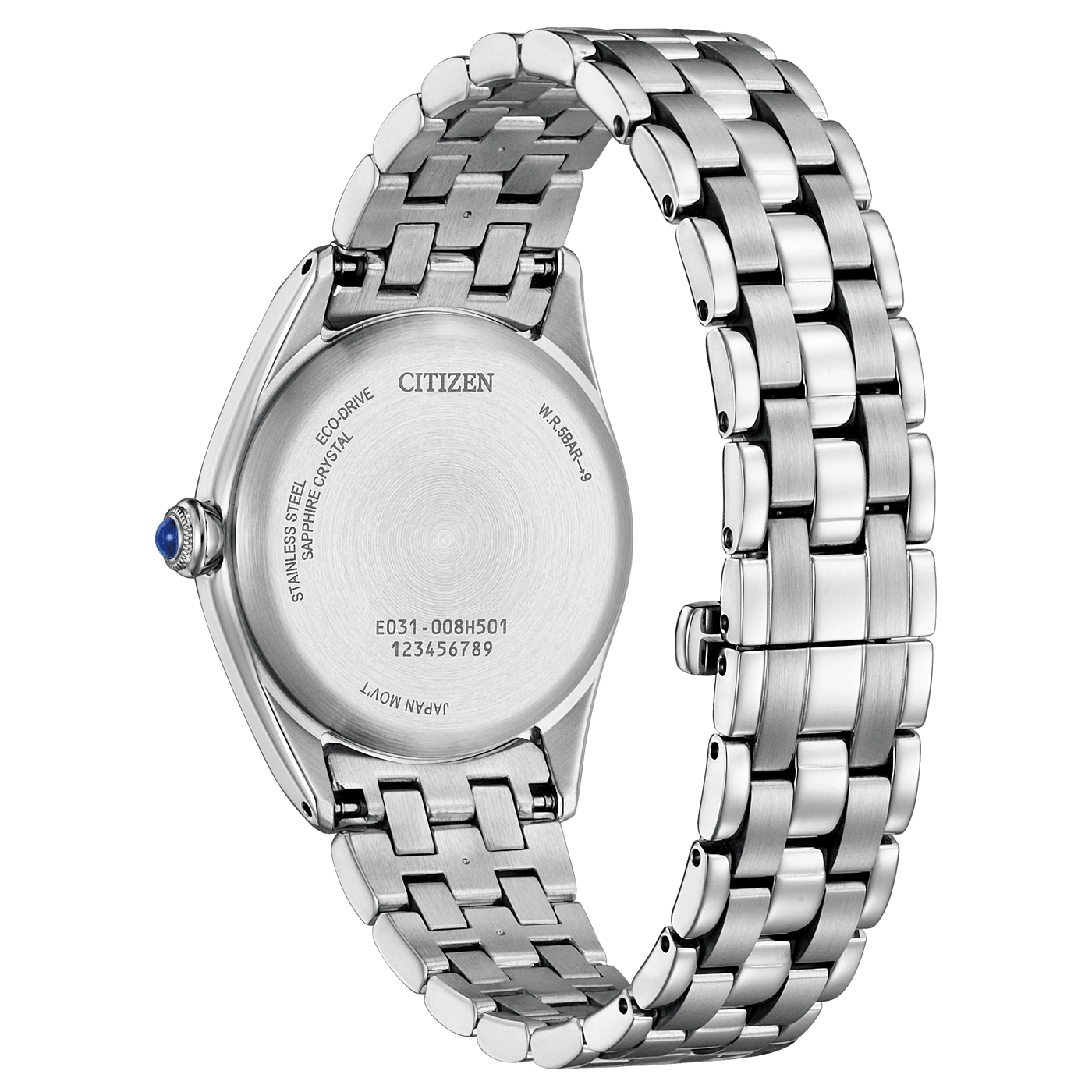 Citizen watch back, stainless steel, sapphire crystal, Eco-Drive, W.R.5BAR-9, Japan Movt.