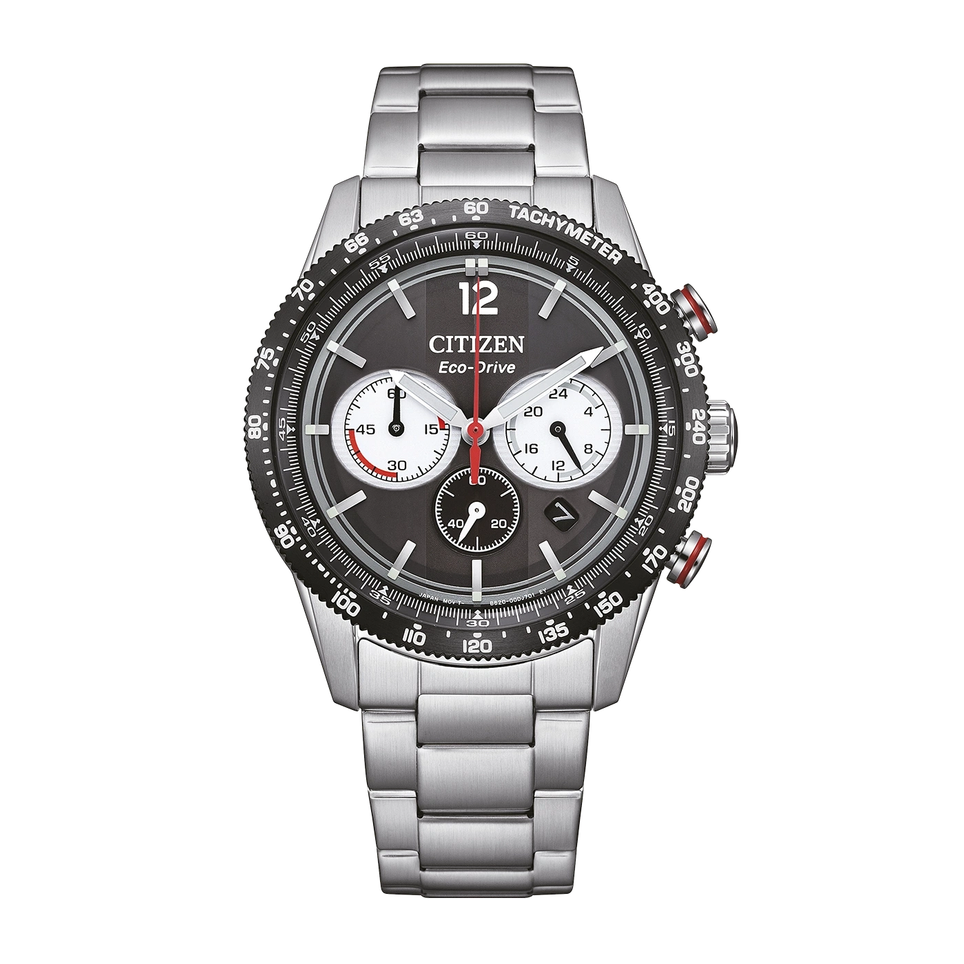 A Citizen Eco-Drive chronograph watch with a dark dial and stainless steel band.