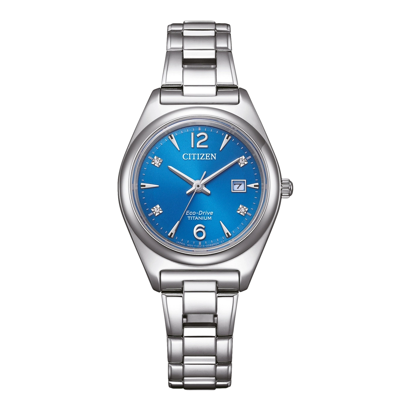 Citizen watch with blue dial, titanium, Eco-Drive, and silver bracelet.
