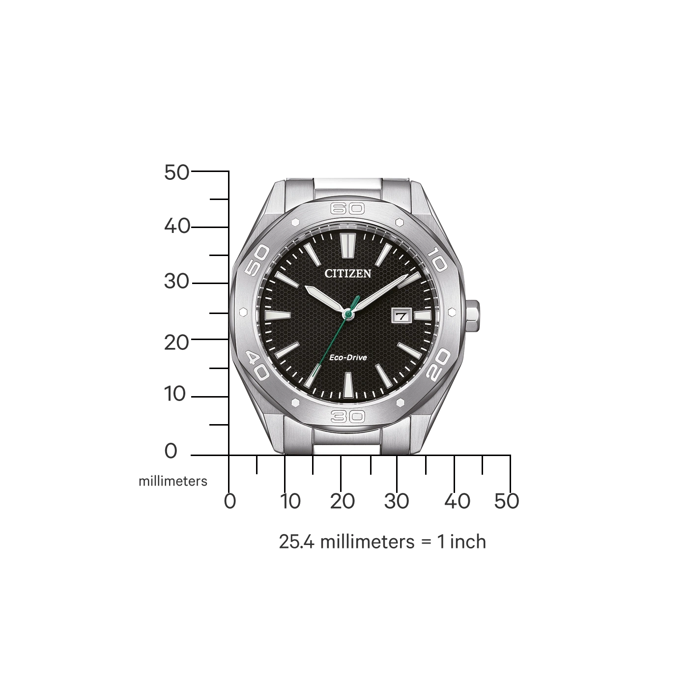 Citizen watch with black face, silver bezel, and date display. Eco-Drive technology.