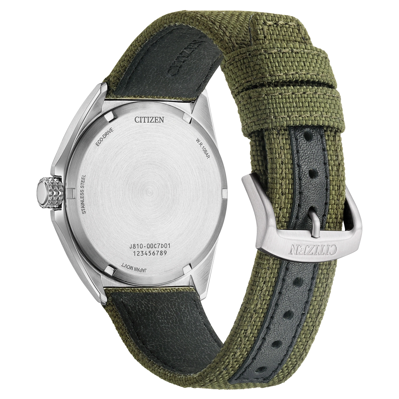 Citizen watch back with text, green strap, stainless steel, close-up.