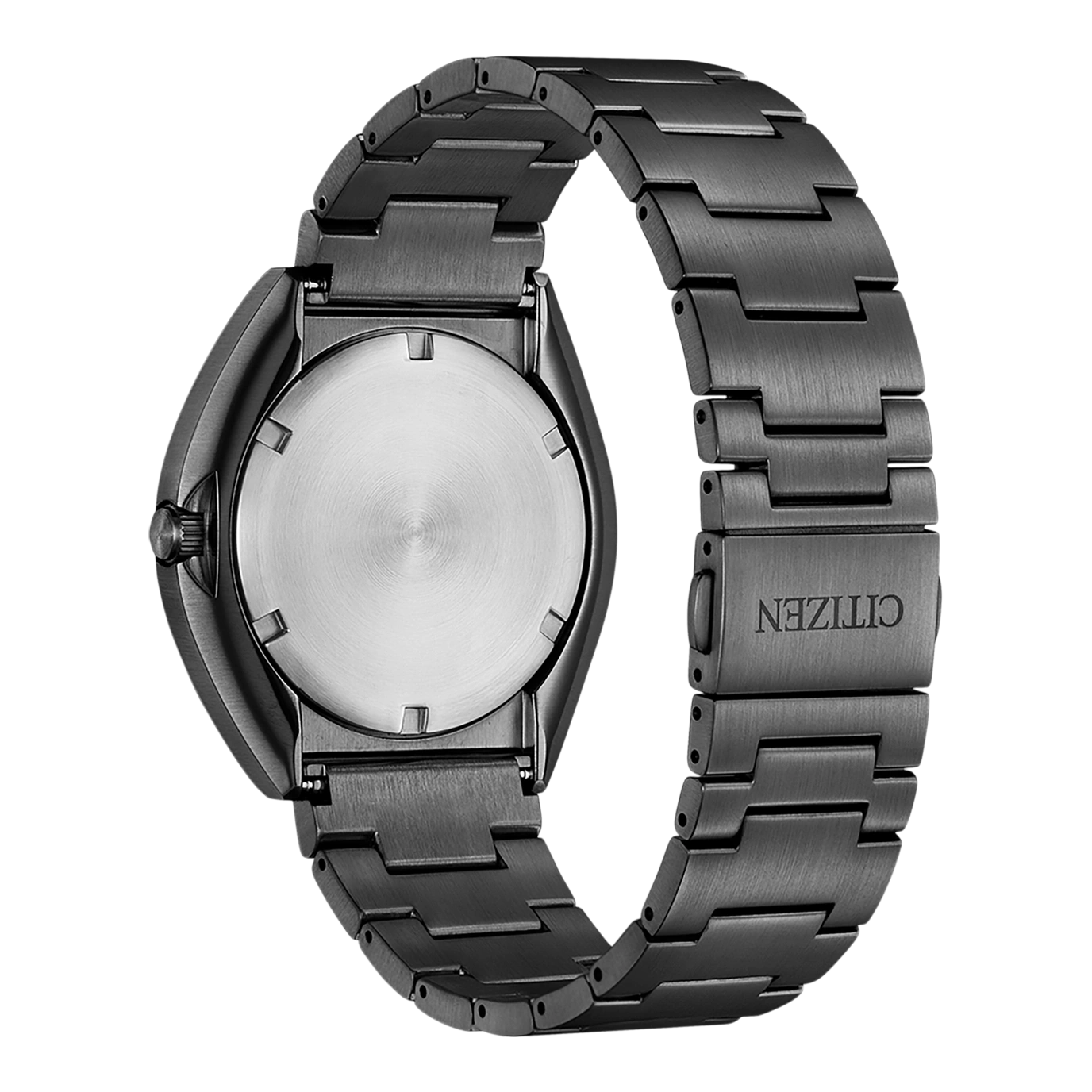 Back of a black Citizen watch with a metal strap and the brand name.