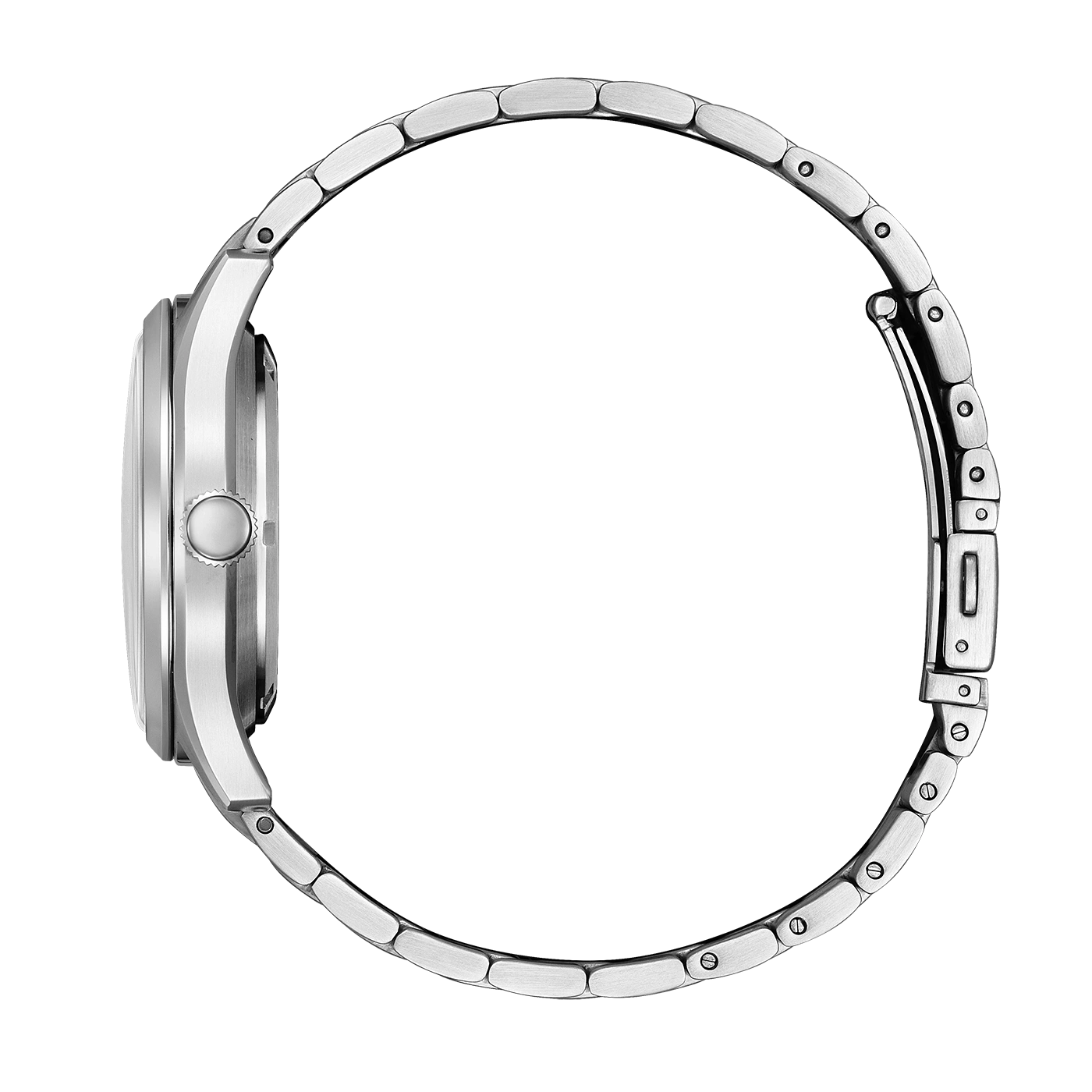 Side view of a silver watch with a metal band.
