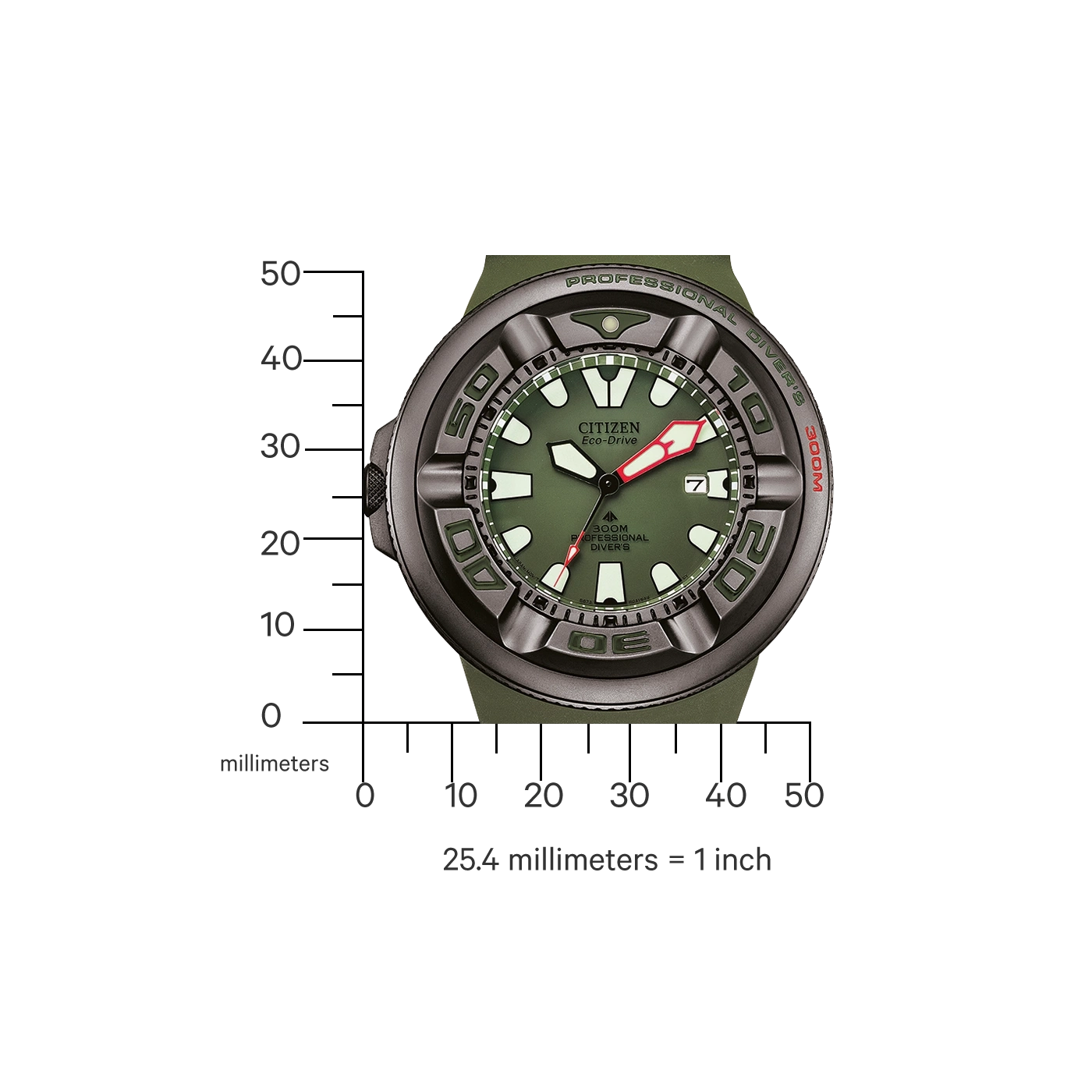 Citizen Eco-Drive watch with green face and strap, 300M Professional Diver's.