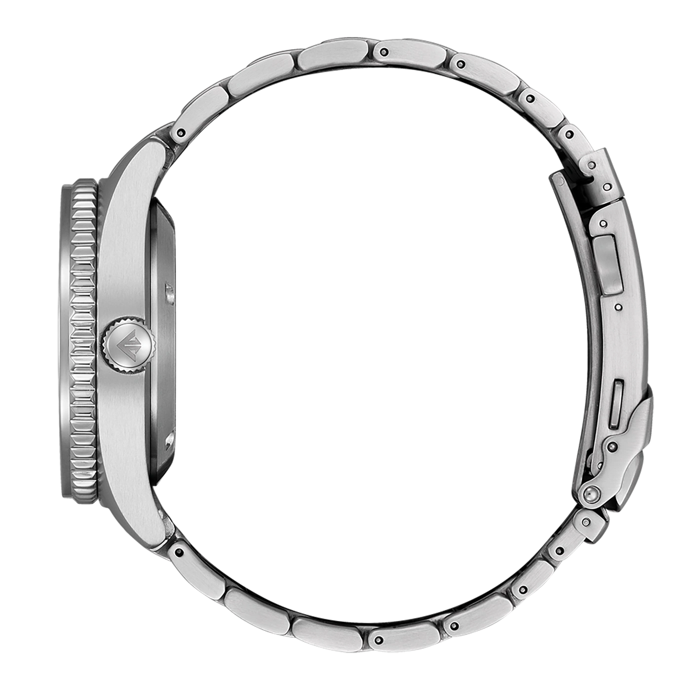 Silver watch with a metal strap, side view, close-up, elegant design