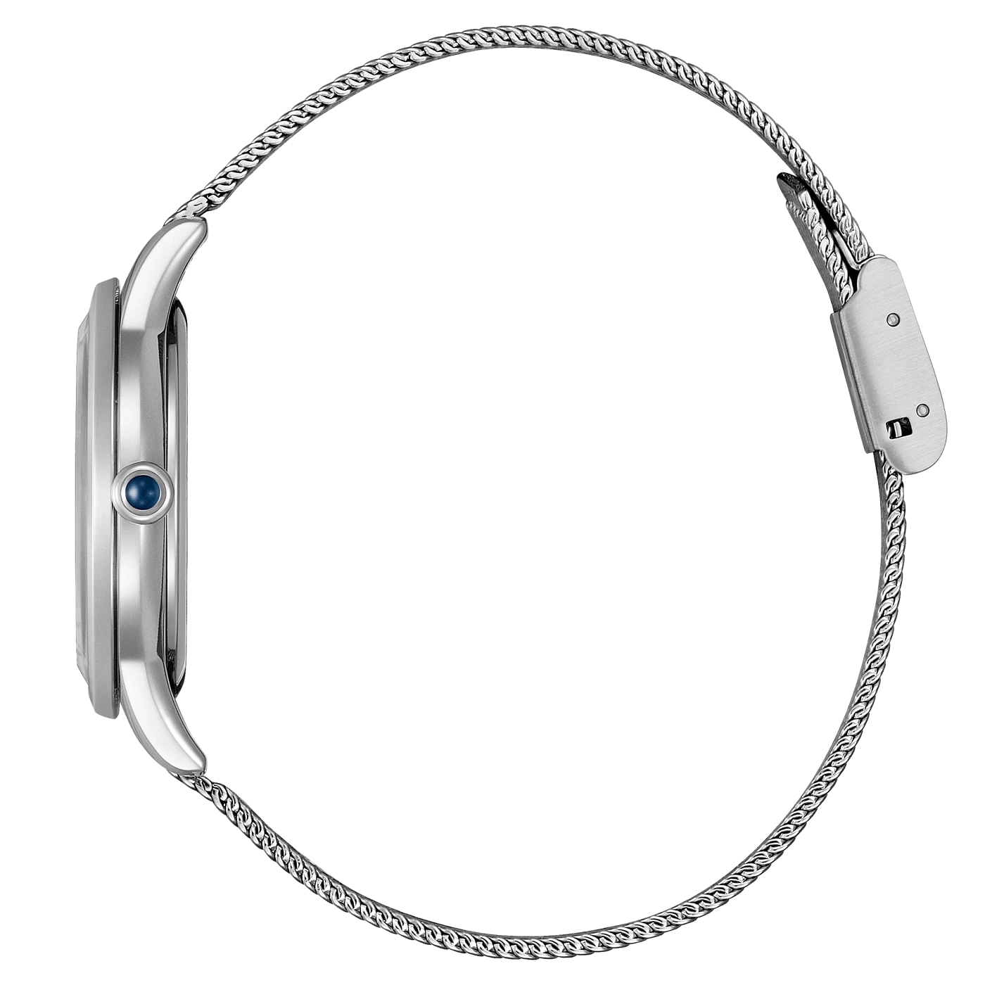 Silver watch with a mesh strap, side view, elegant design, modern style.