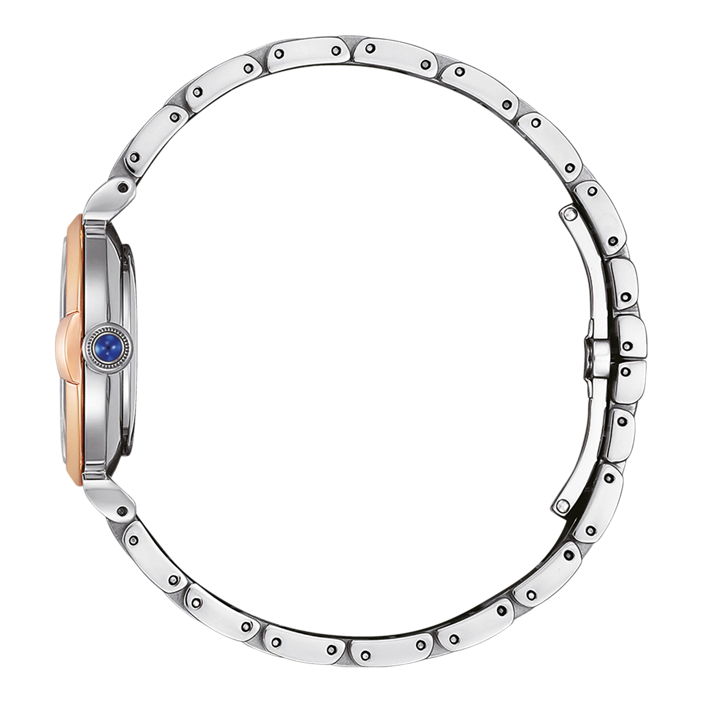 Side view of a silver and rose gold watch with a blue gem.