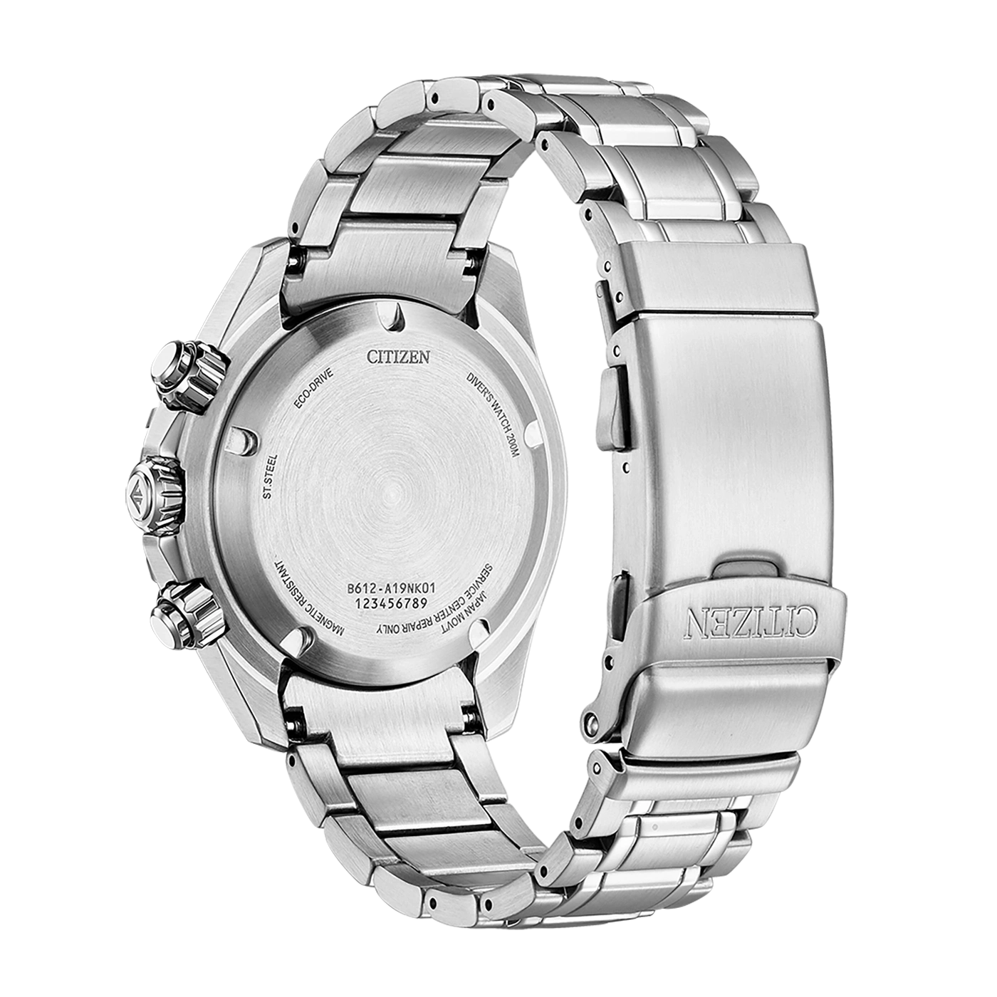 Citizen watch back, stainless steel, Eco-Drive, Diver's Watch 200M, Japan movement.