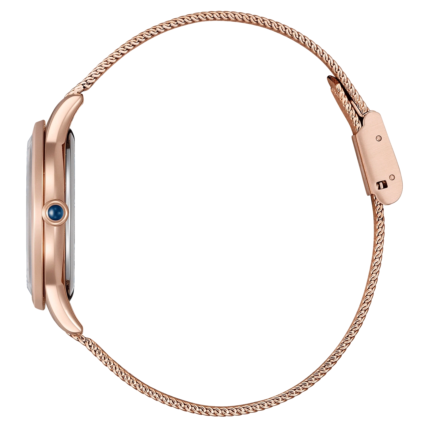 Rose gold watch with a mesh strap, side view, elegant design.