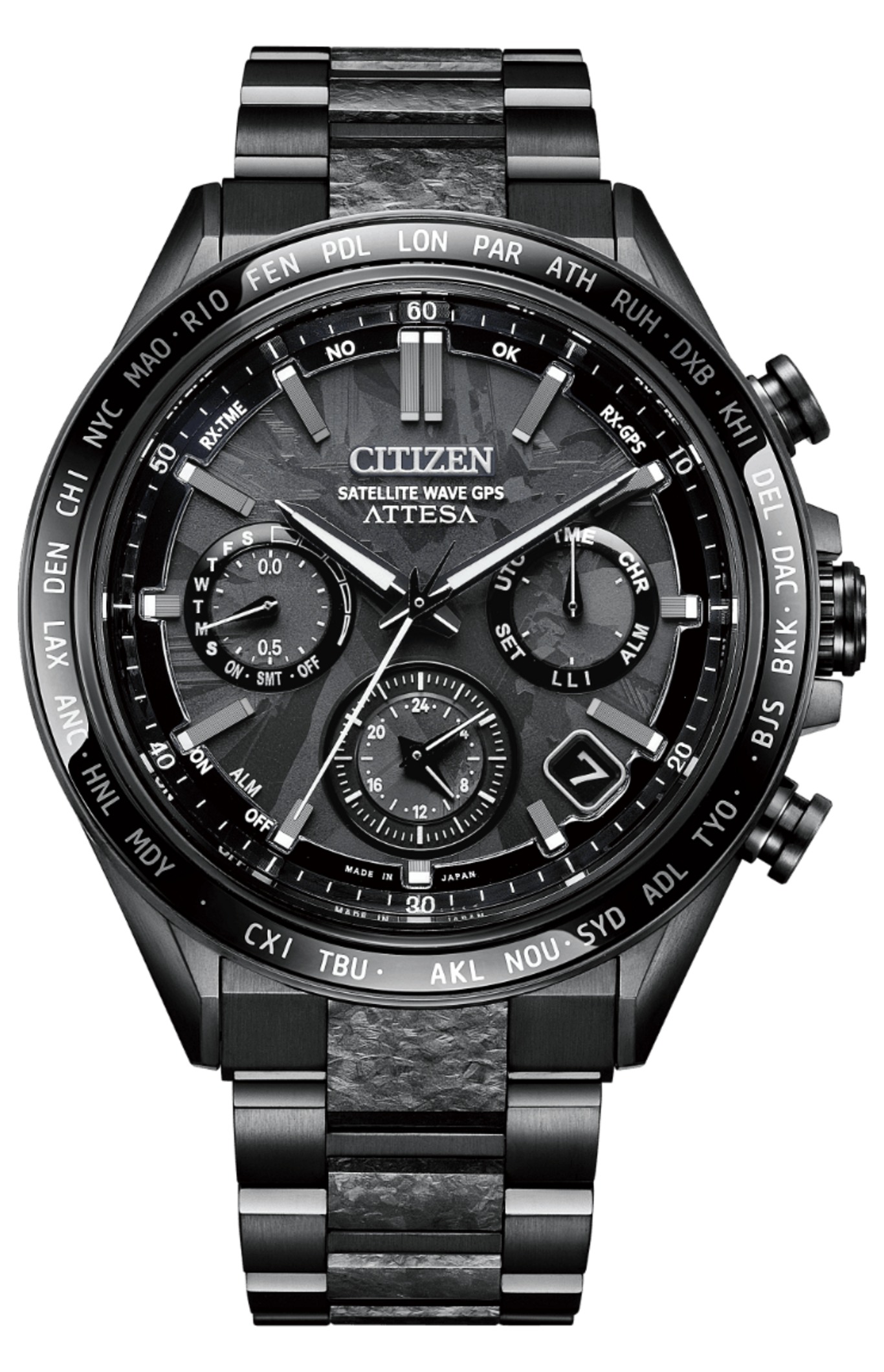 Black Citizen Attesa watch with multiple dials and world time markers on a green background.