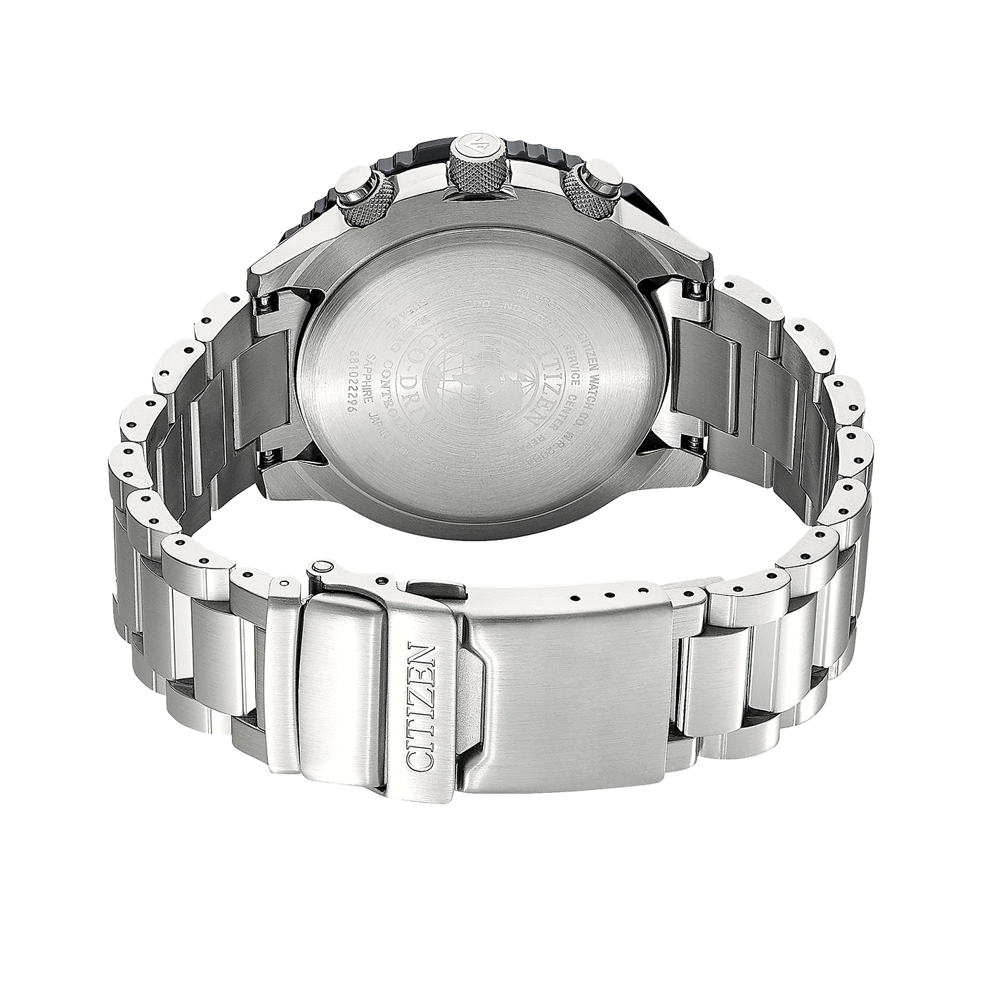 Citizen watch back, stainless steel bracelet, Eco-Drive, sapphire crystal, water resistant