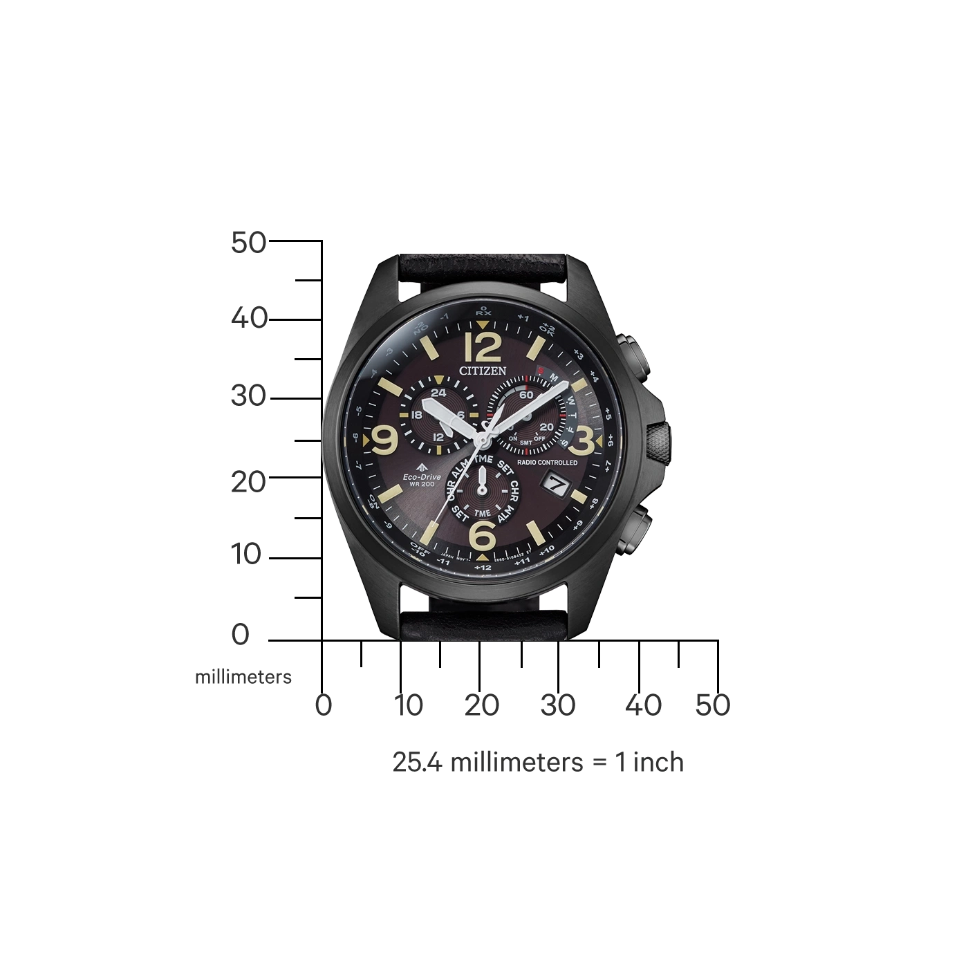 Black Citizen watch with a leather strap, showing time and other functions.