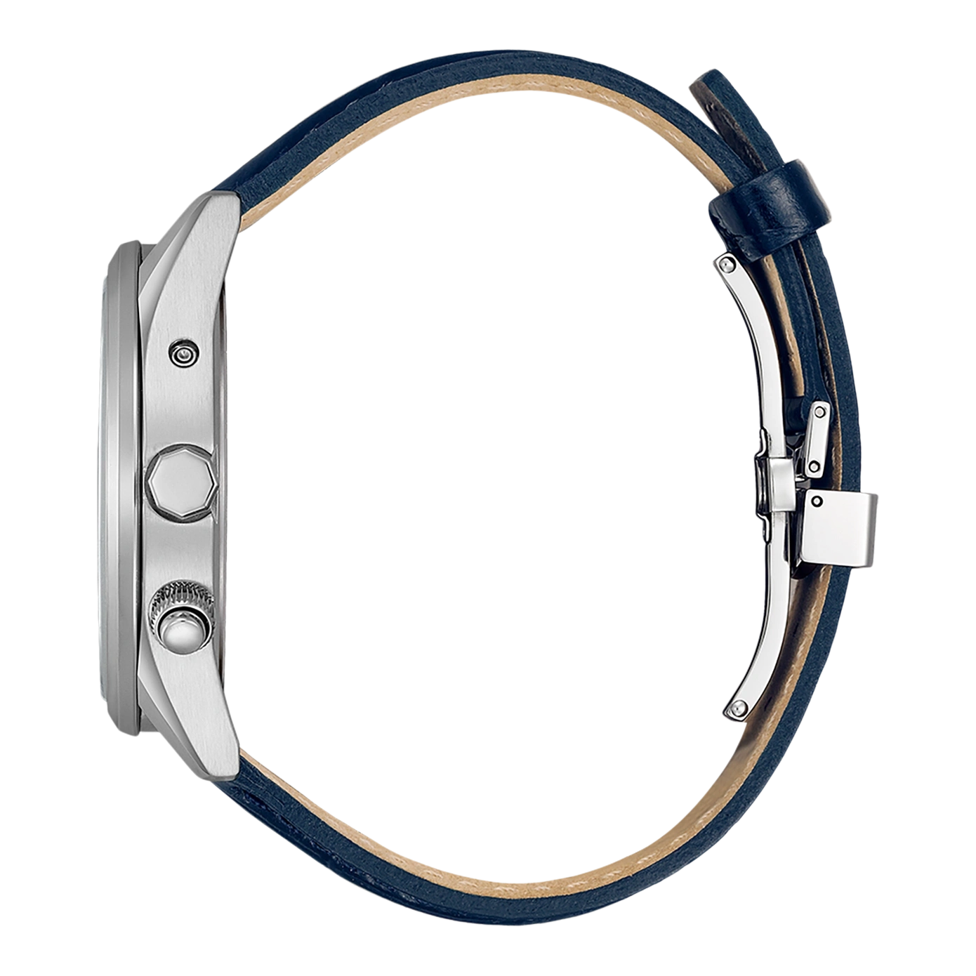 Side view of a silver watch with a blue leather strap.