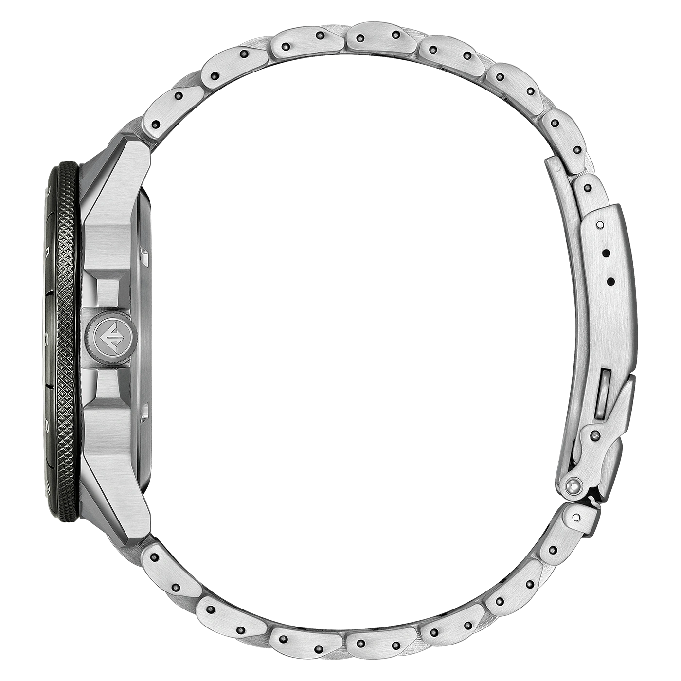 Side view of a silver watch with a metal band and a black bezel.