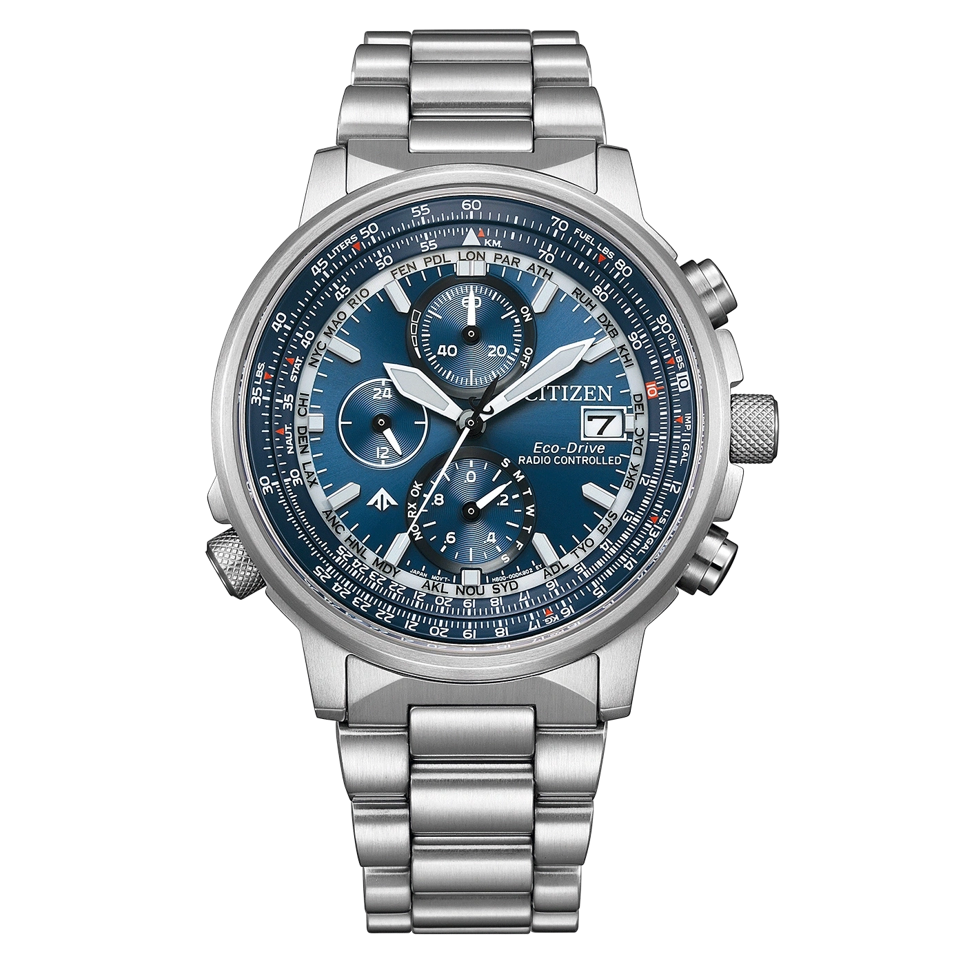 Citizen watch with blue face, silver band, and multiple dials for timekeeping and functions.