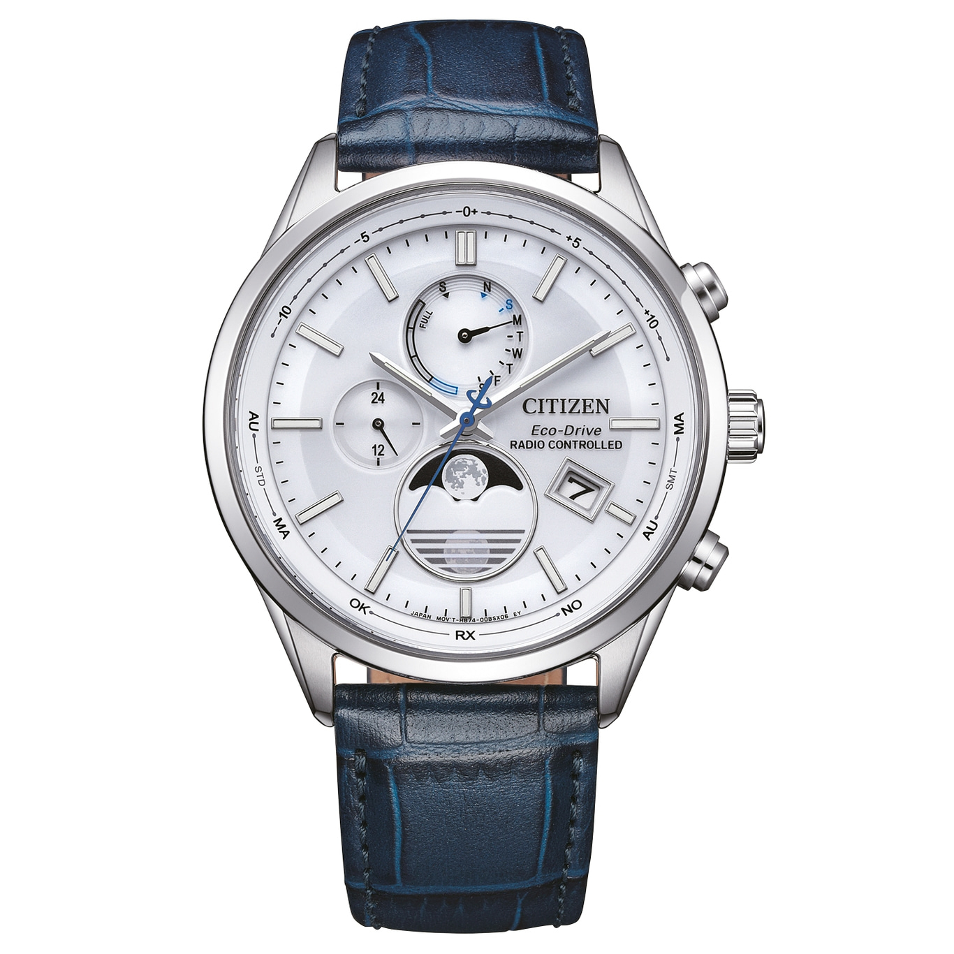 Citizen Eco-Drive watch with a white face and blue leather strap.
