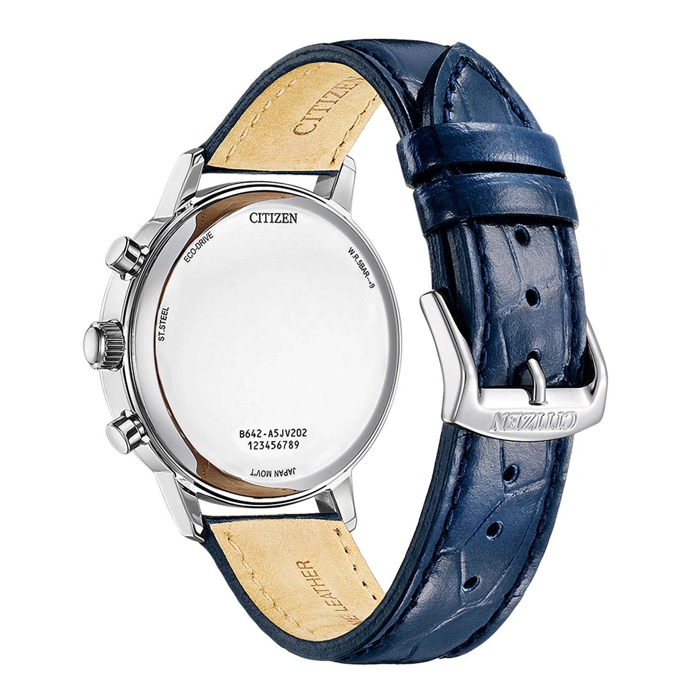 Citizen watch back, blue leather strap, stainless steel, eco-drive, Japan movt.
