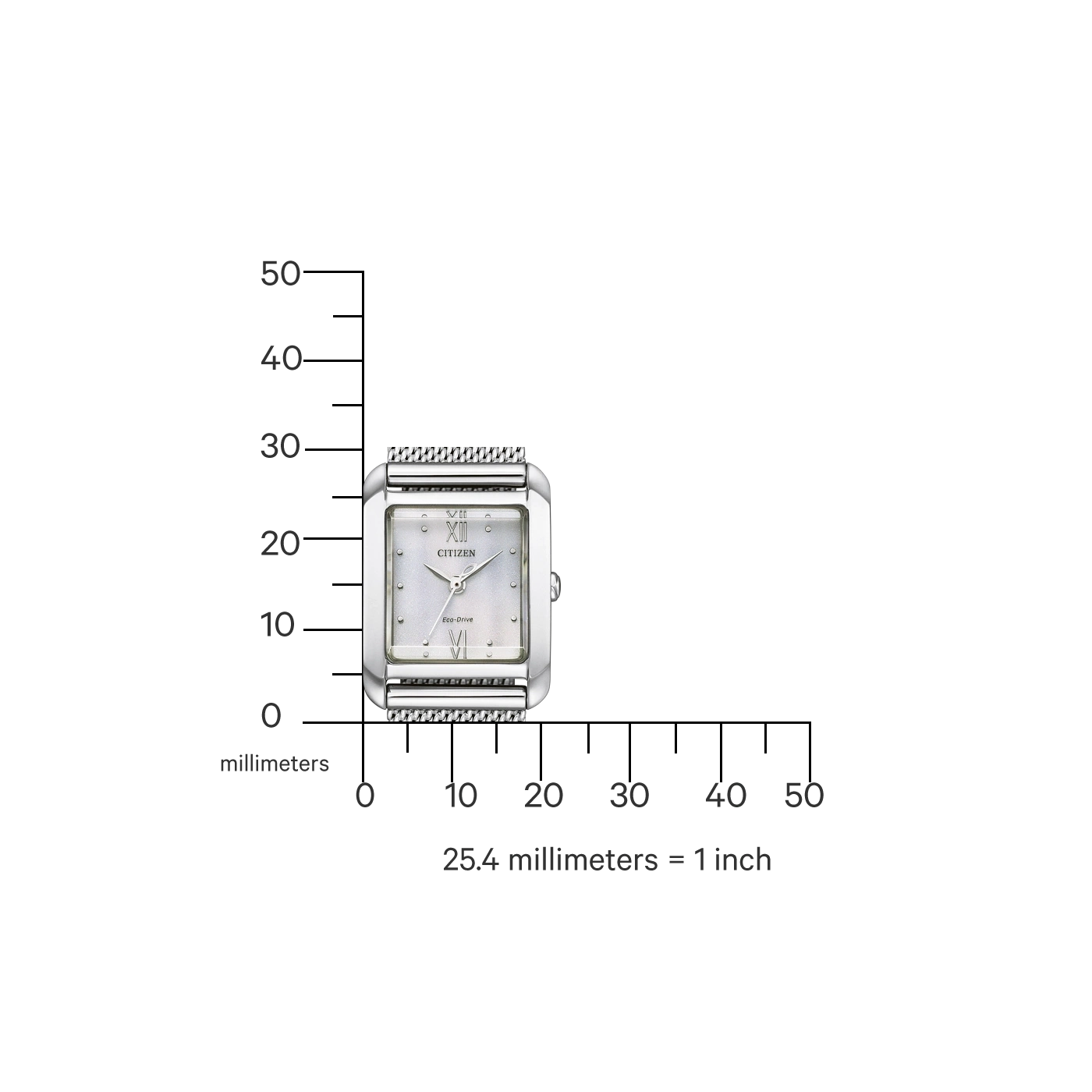 Citizen watch with a square face, silver color, and a mesh band. Eco-Drive.