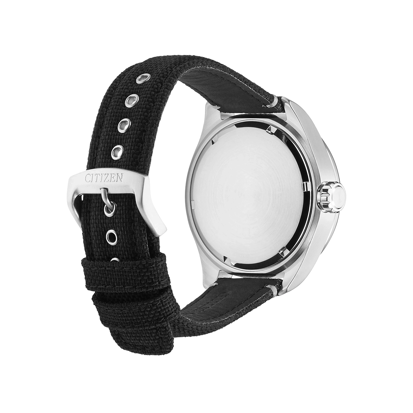 Citizen watch back view with black strap and buckle detail