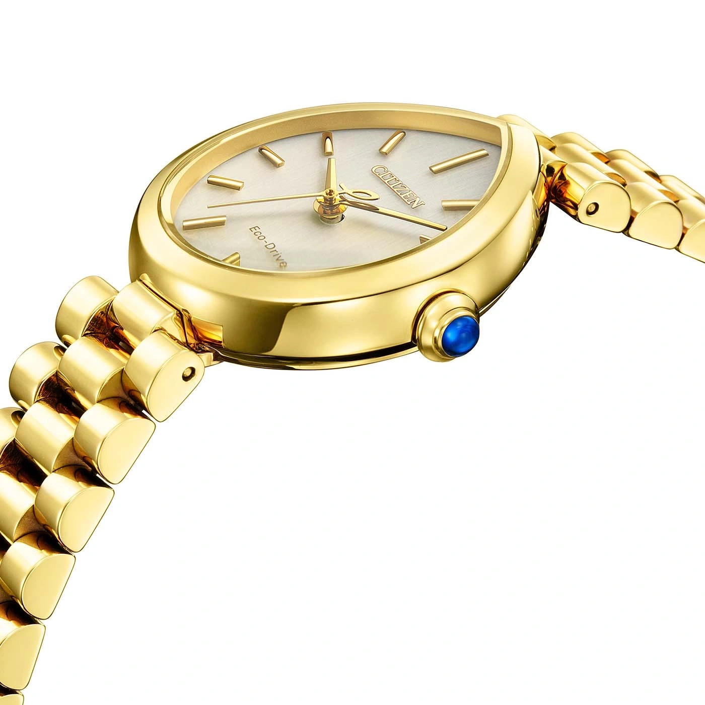 A close-up of a gold Citizen Eco-Drive watch with a blue gem on the side.