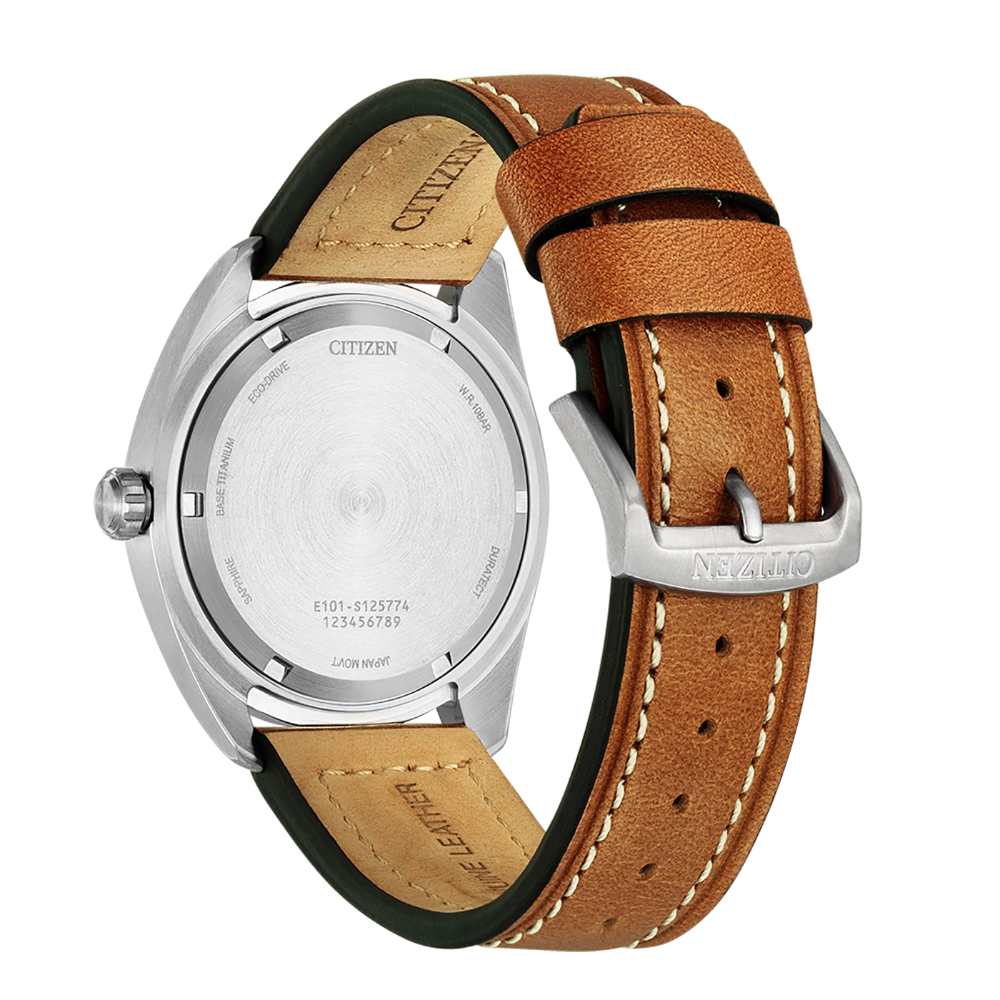 Citizen watch back with leather strap, brand name and details.