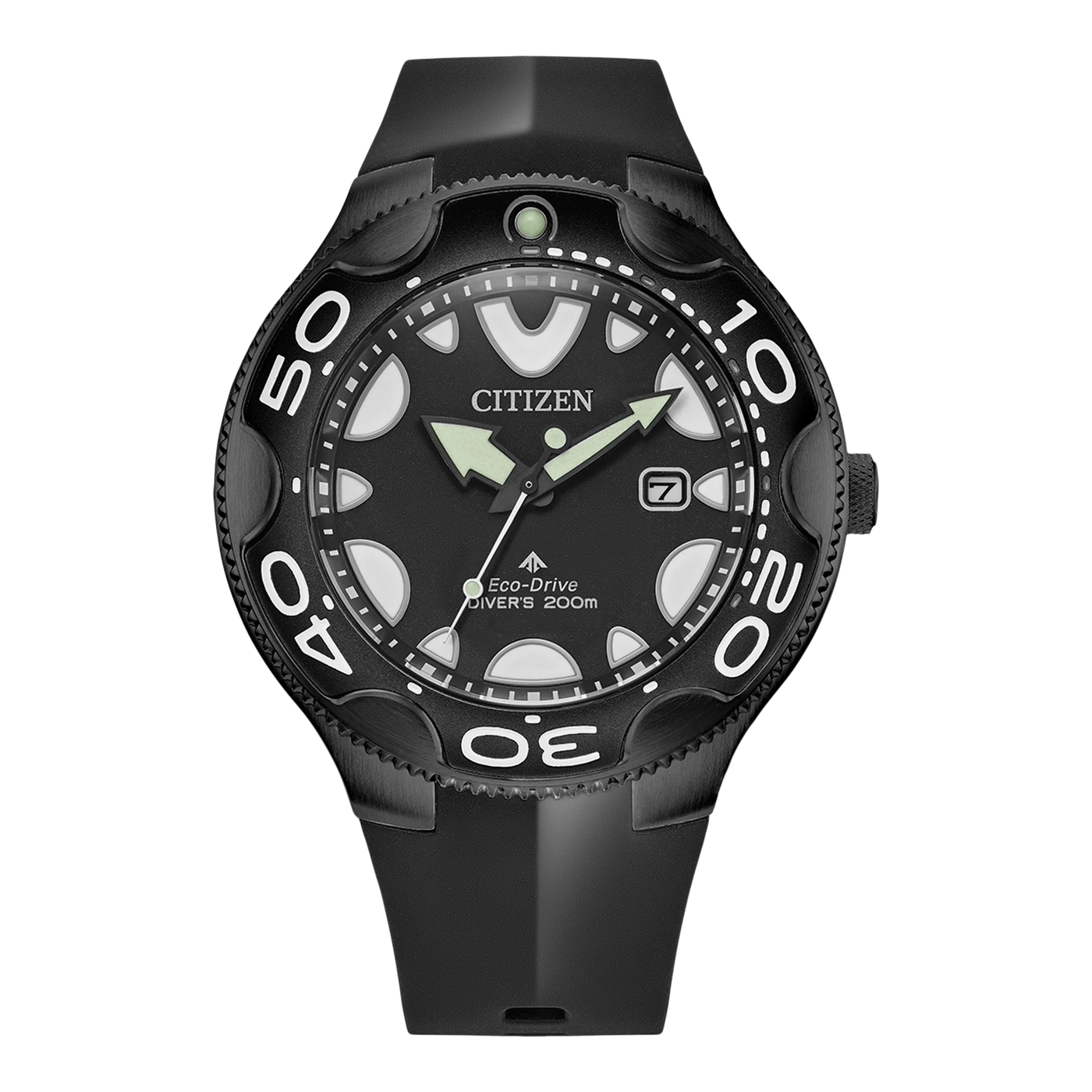 Black Citizen watch with black strap and white numbers on the bezel.