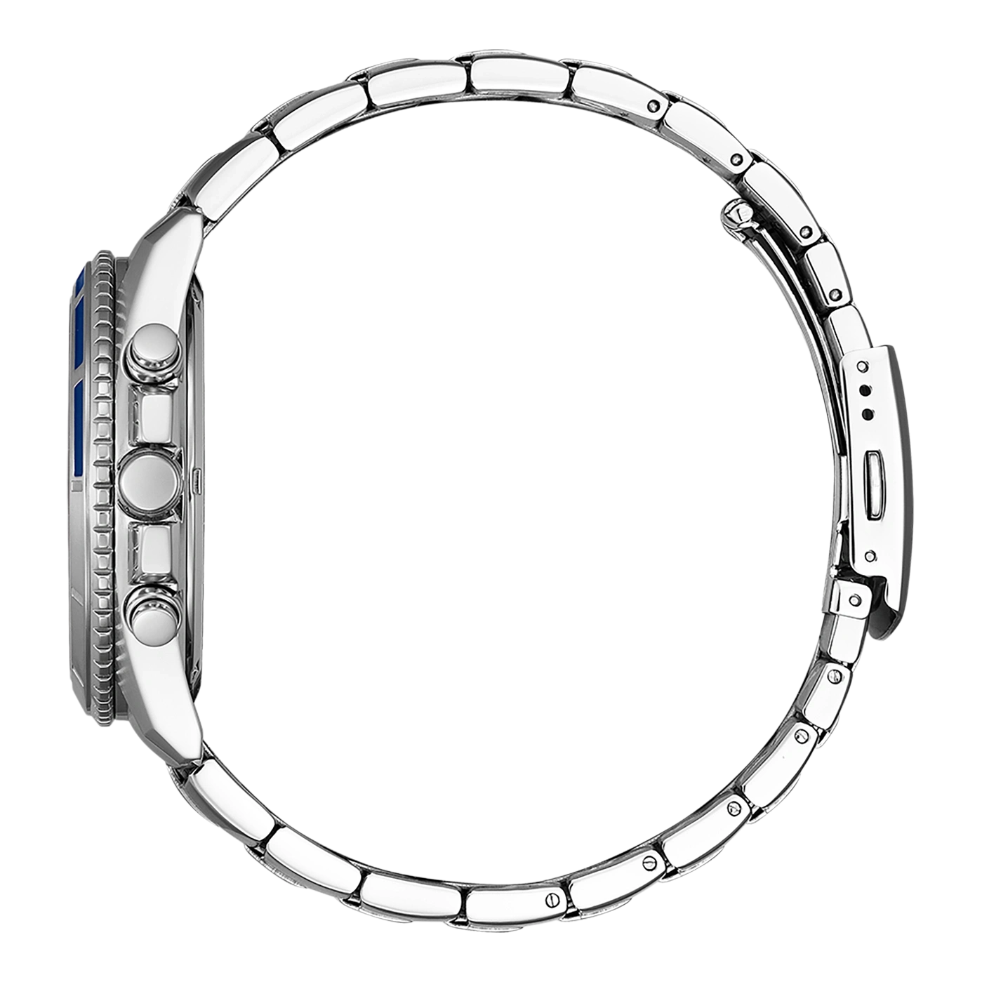Side view of a silver wristwatch with a blue bezel and metal band.