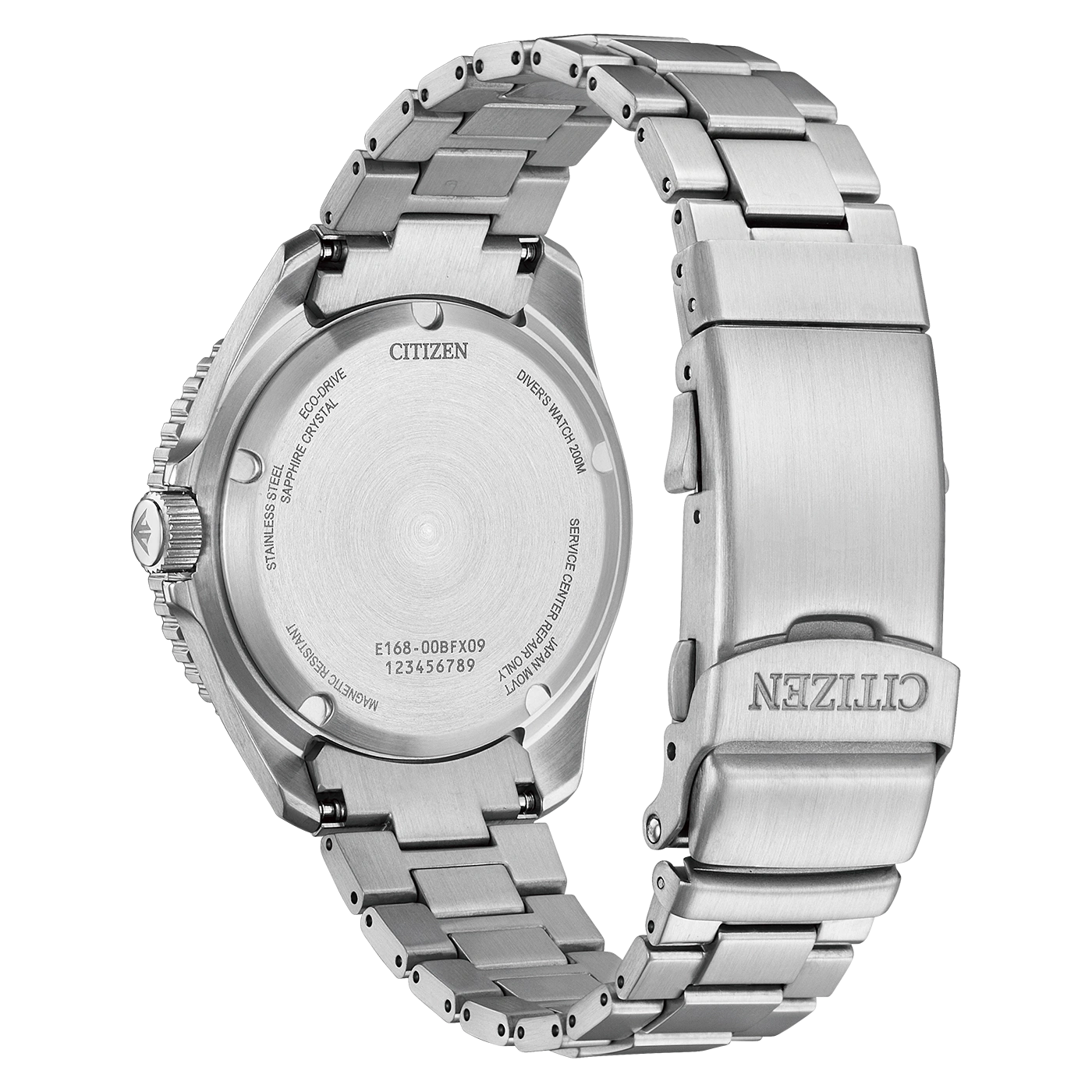 Back of a Citizen Eco-Drive watch with metal band