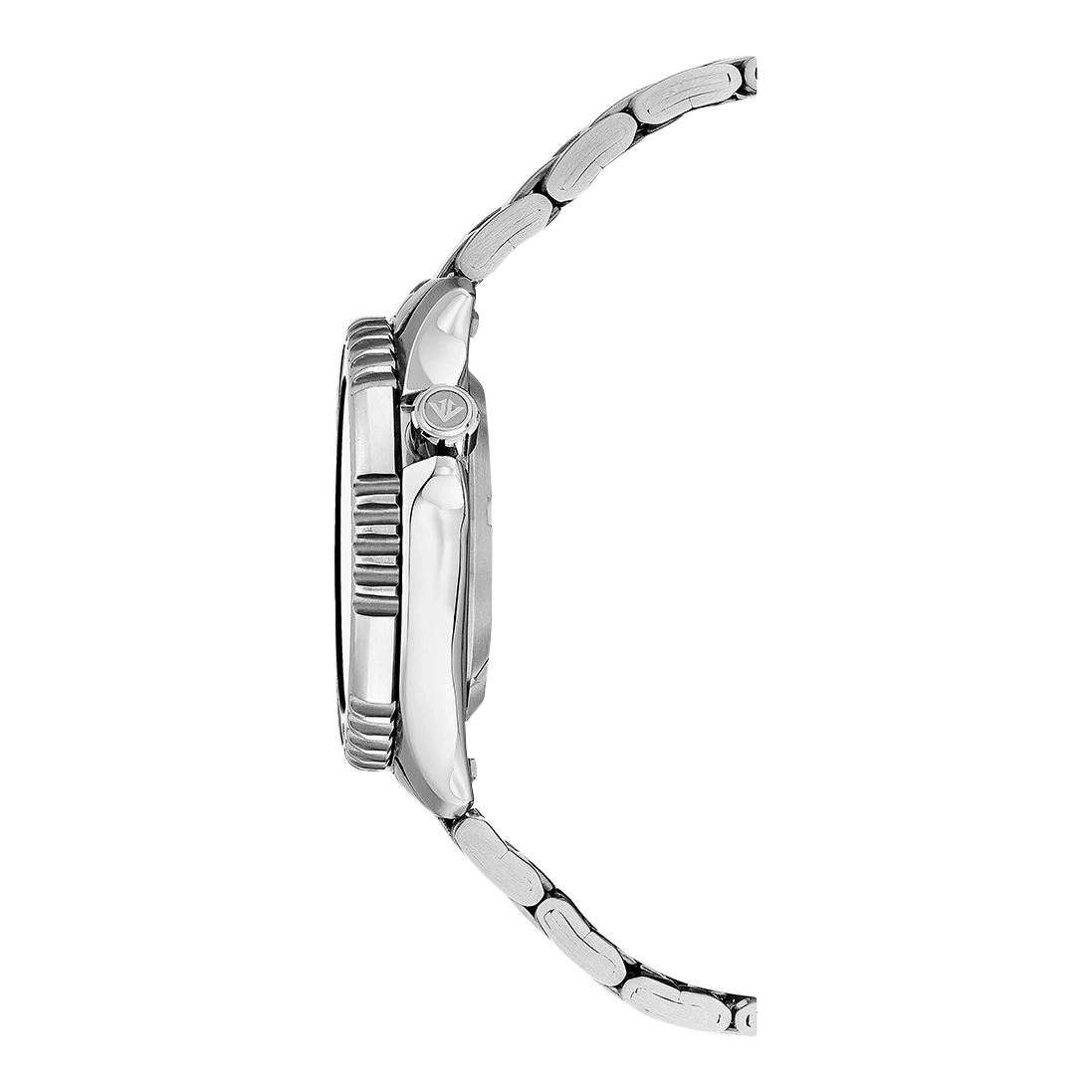 Side view of a silver wristwatch with a metal band and a black dial.