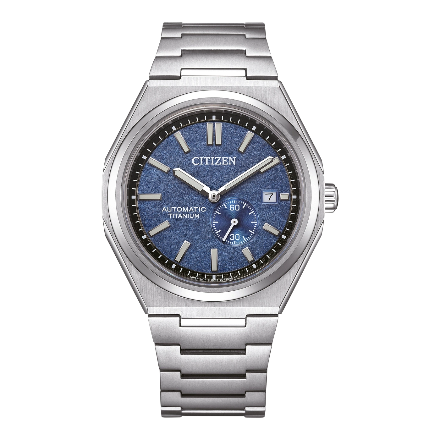 Citizen watch with blue face and titanium strap, automatic movement