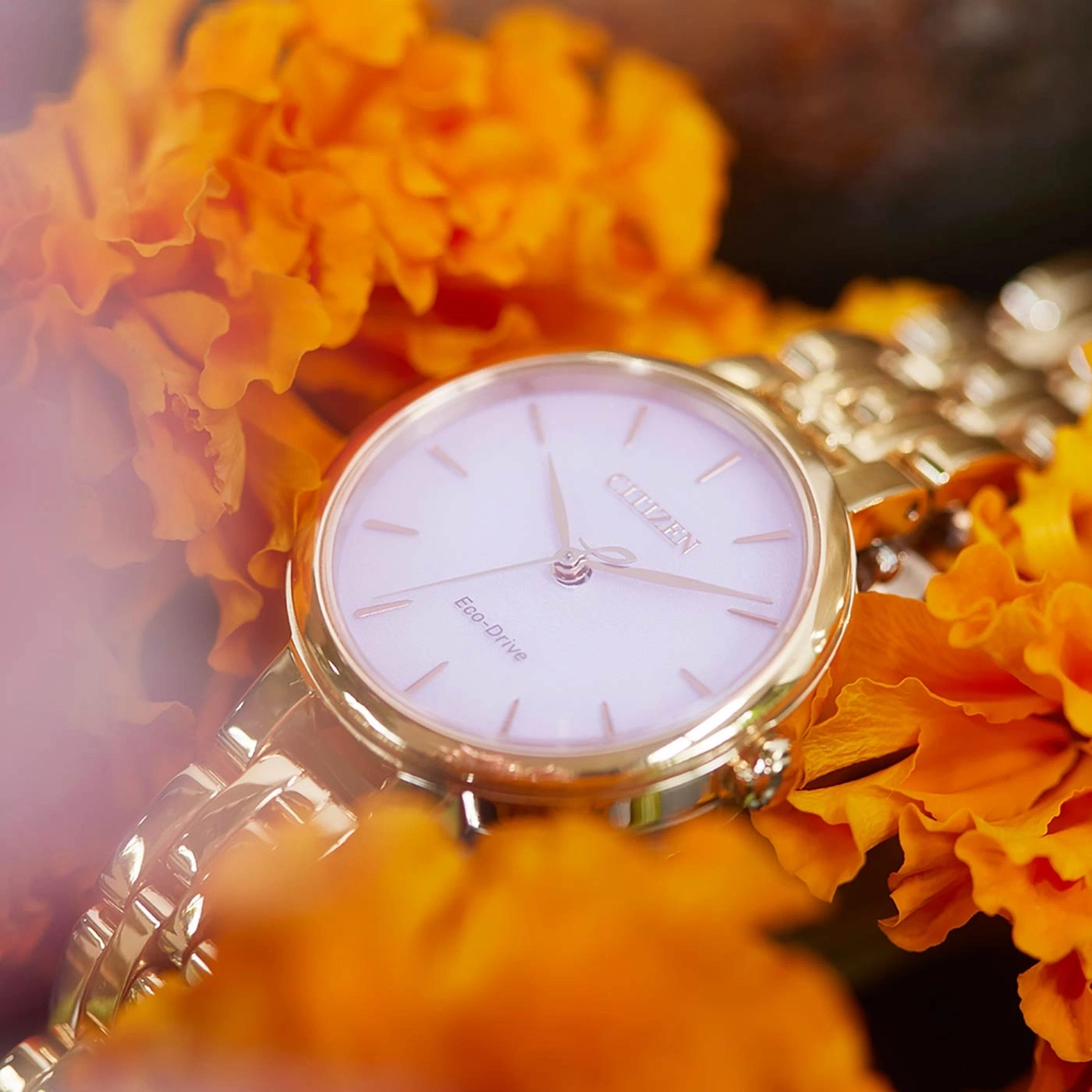 Gold Citizen watch with white face on orange flowers, Eco-Drive.