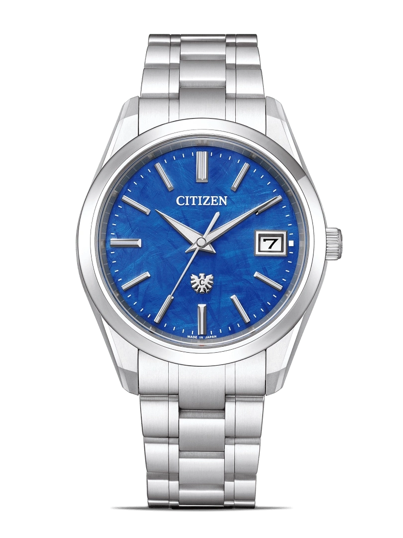Citizen watch with blue face and silver strap, elegant design, Japanese made.
