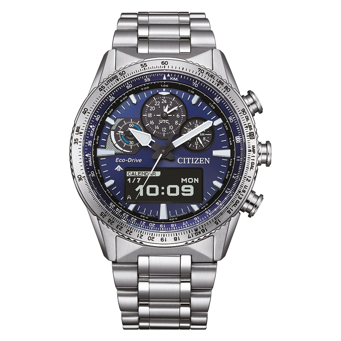 Citizen watch with blue face, digital display, and stainless steel band.