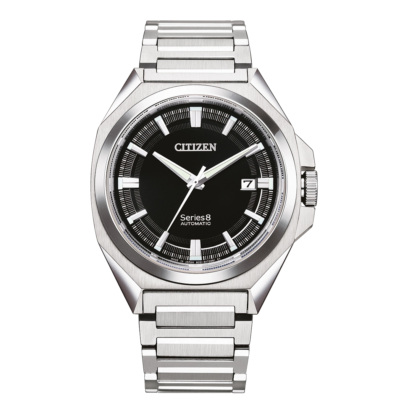 Citizen Series 8 automatic watch with a black dial and steel bracelet.