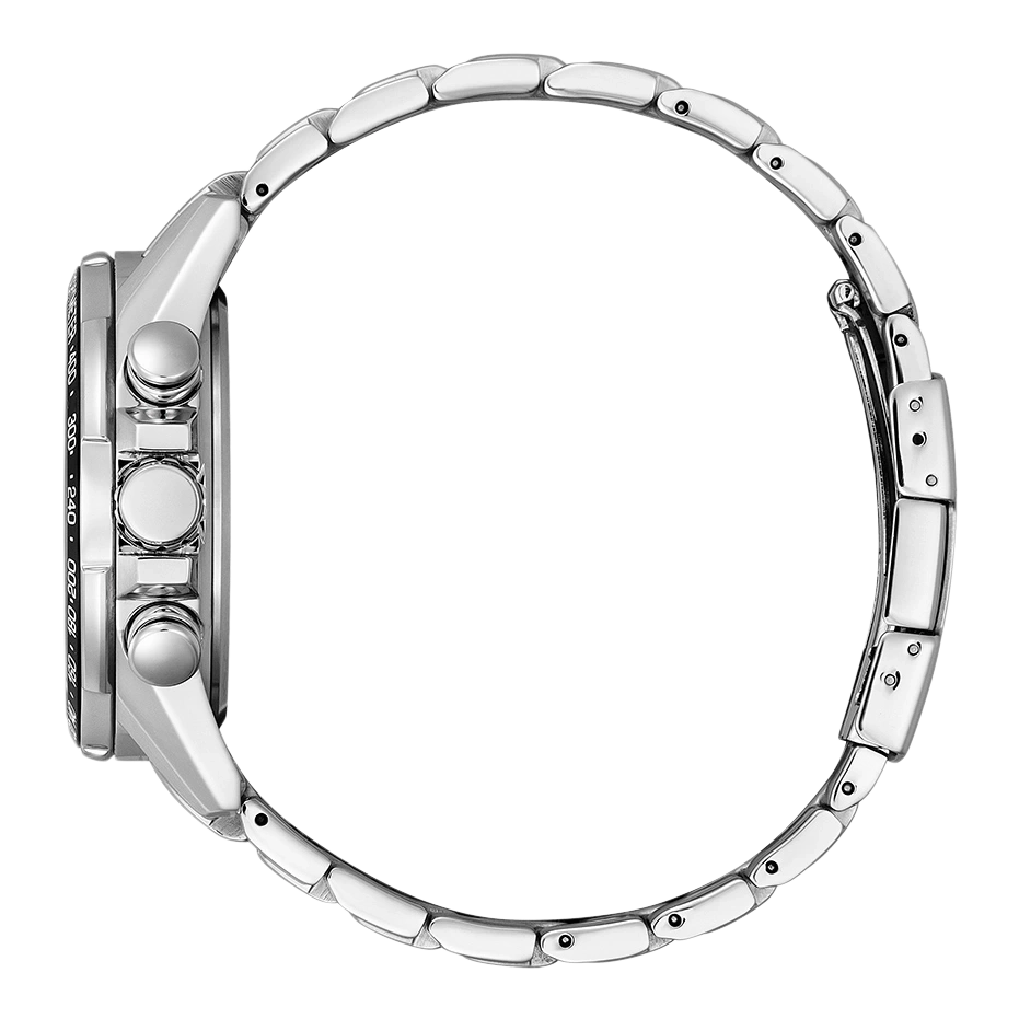 Side view of a silver wristwatch with a metal band, close-up.