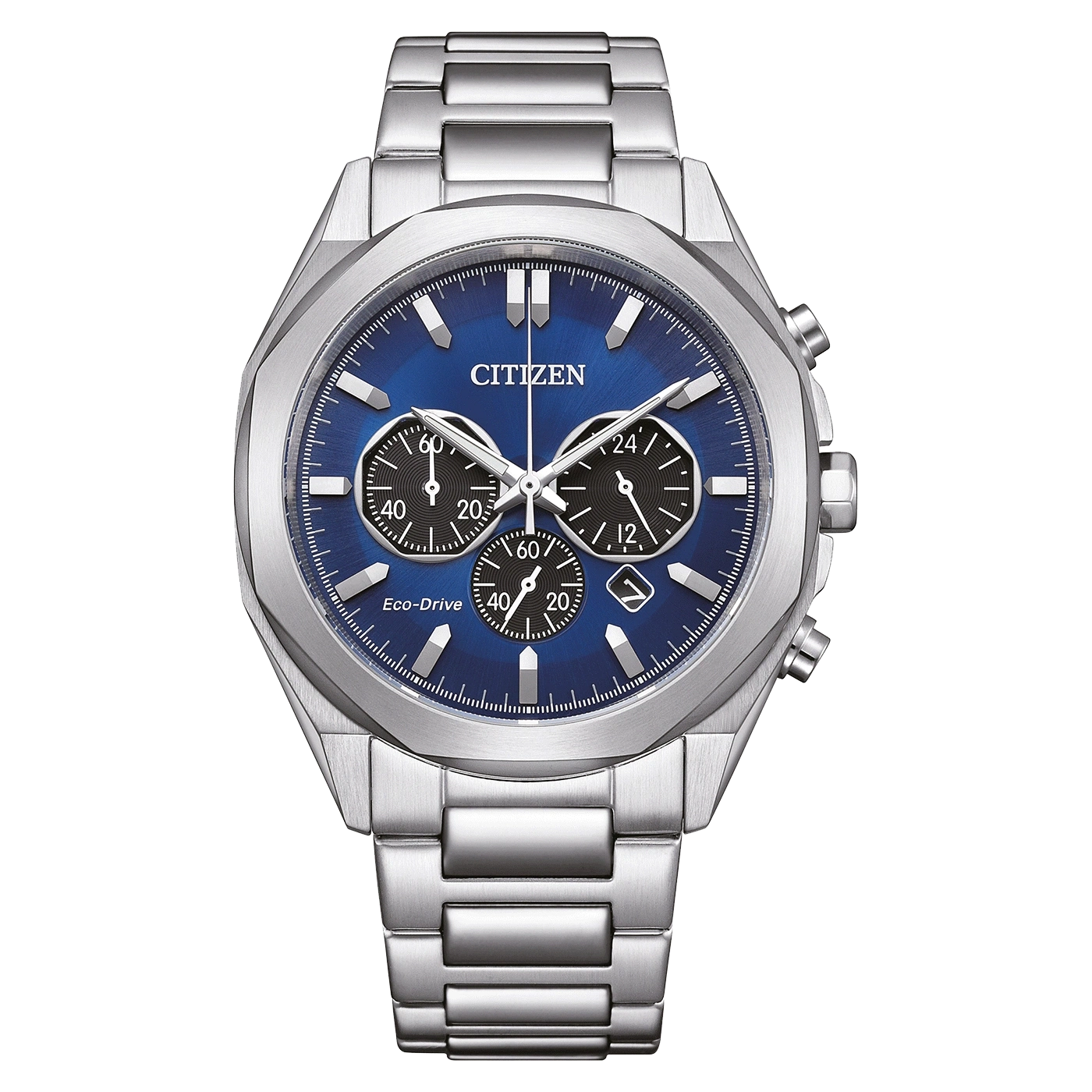 Citizen watch with blue face and silver strap, Eco-Drive technology.