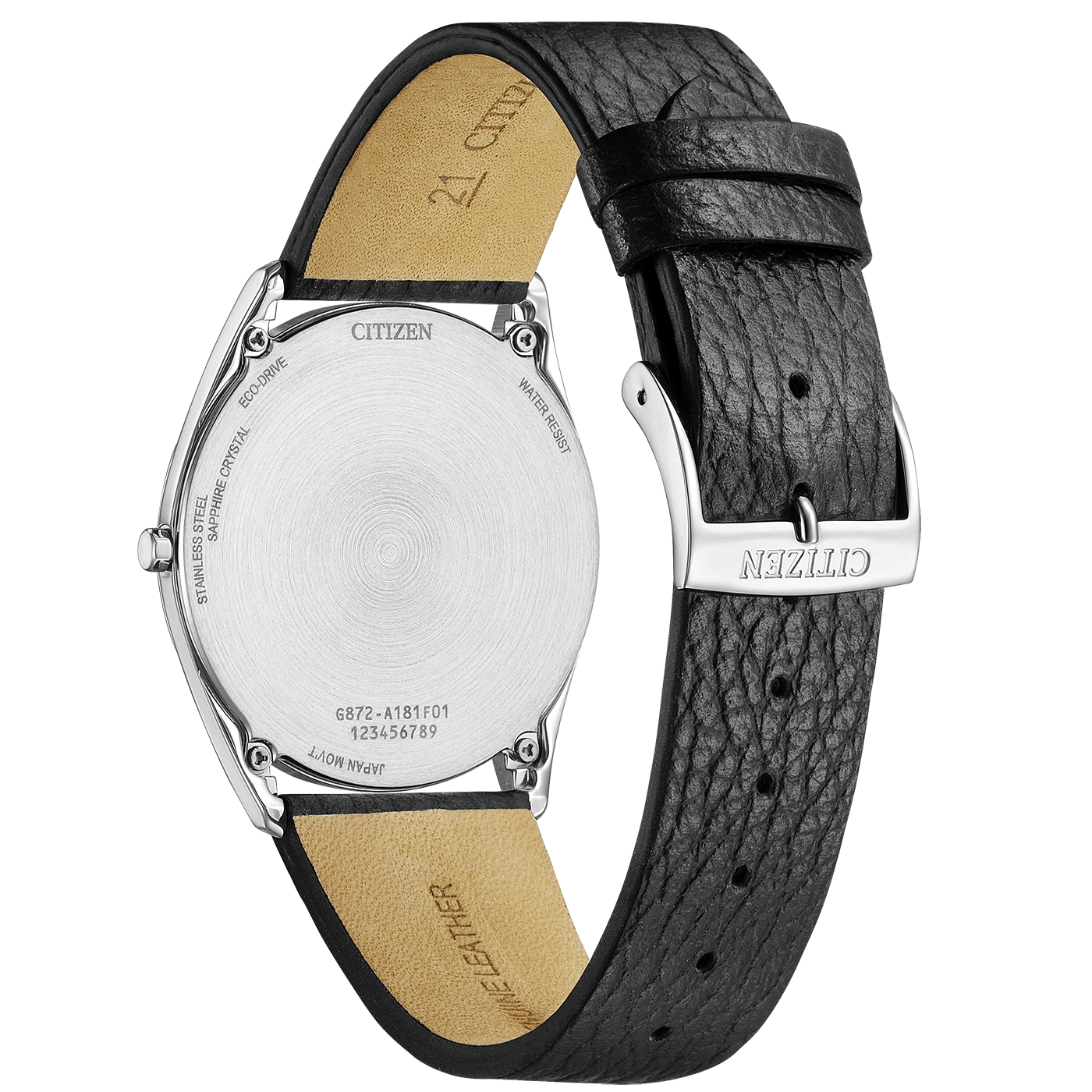 Citizen watch back with leather strap, stainless steel, sapphire crystal, eco-drive