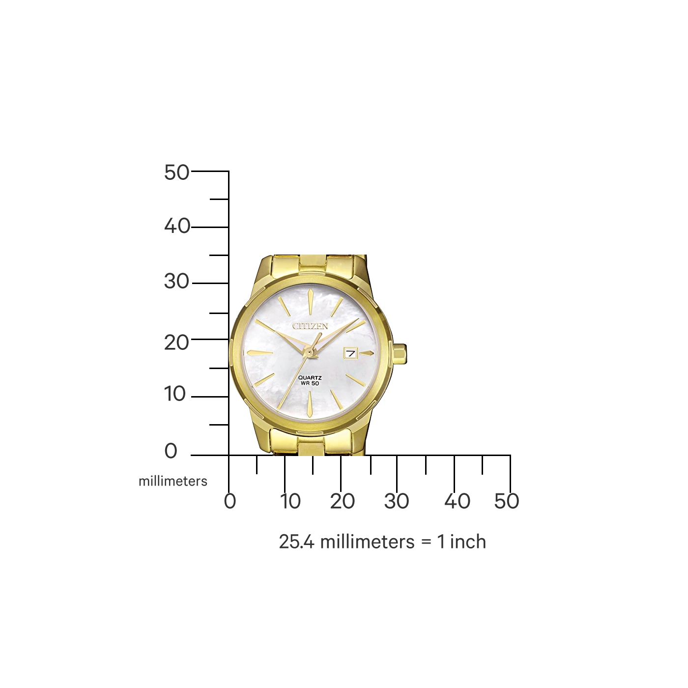Gold Citizen watch with white face, date display, and quartz movement.